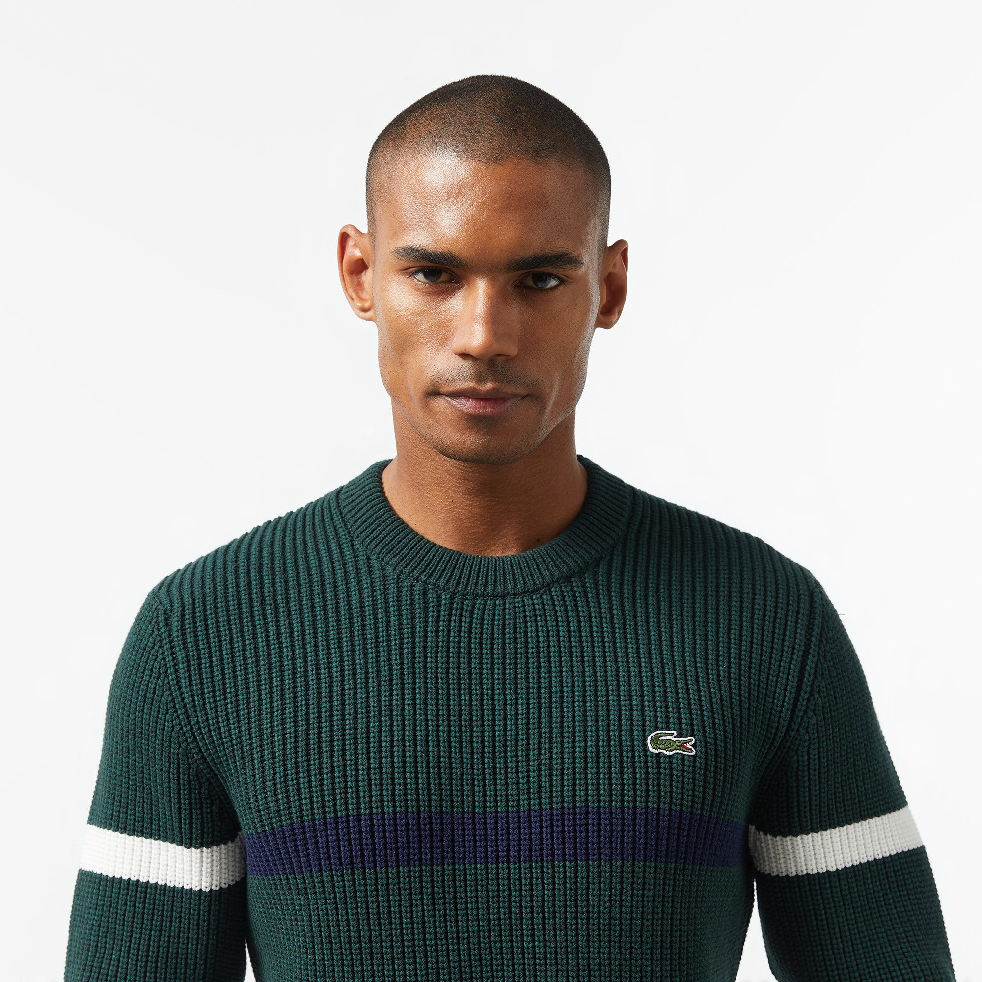 Lacoste Erkek Relaxed Fit Bisiklet Yaka Çizgili Koyu Yeşil Kazak