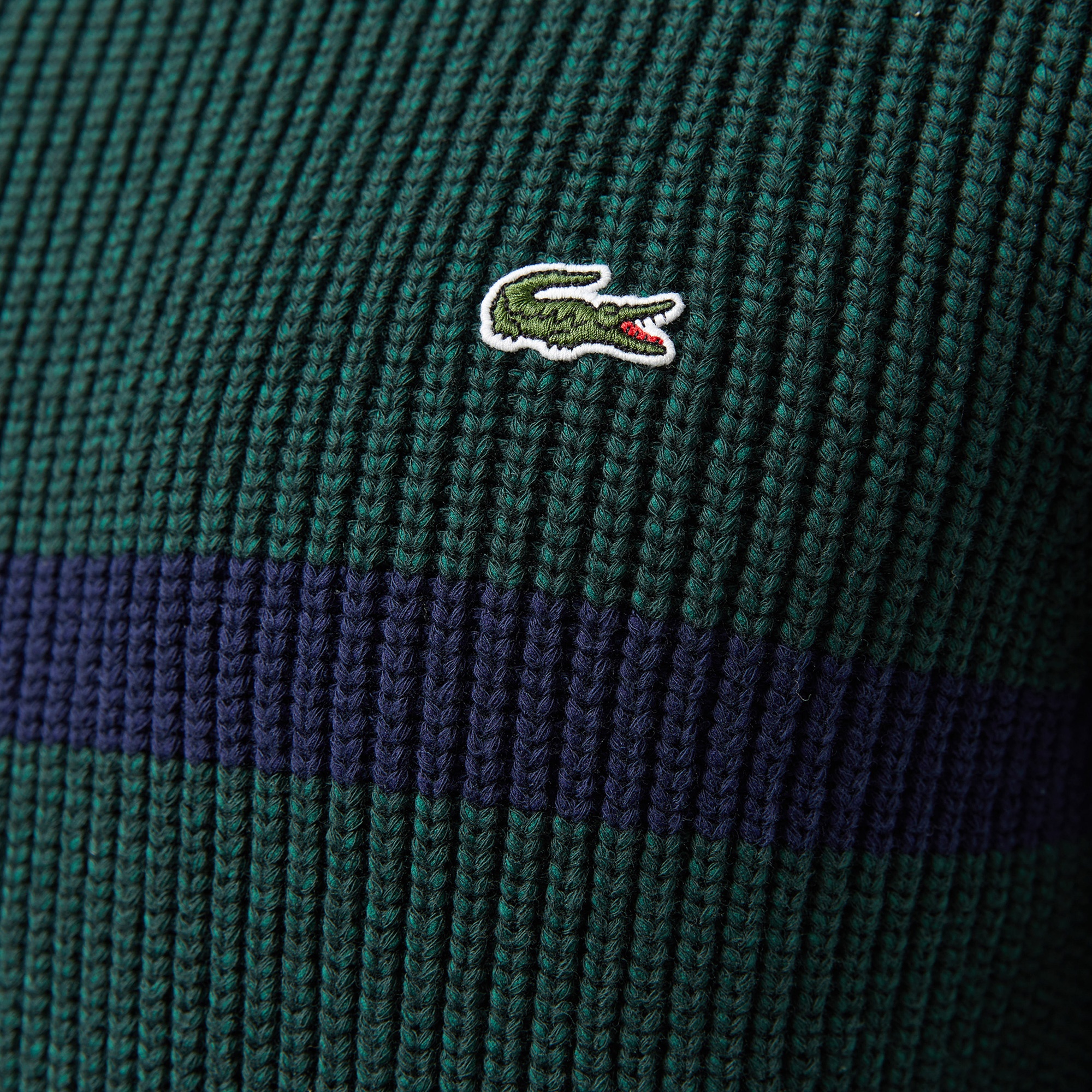 Lacoste Erkek Relaxed Fit Bisiklet Yaka Çizgili Koyu Yeşil Kazak