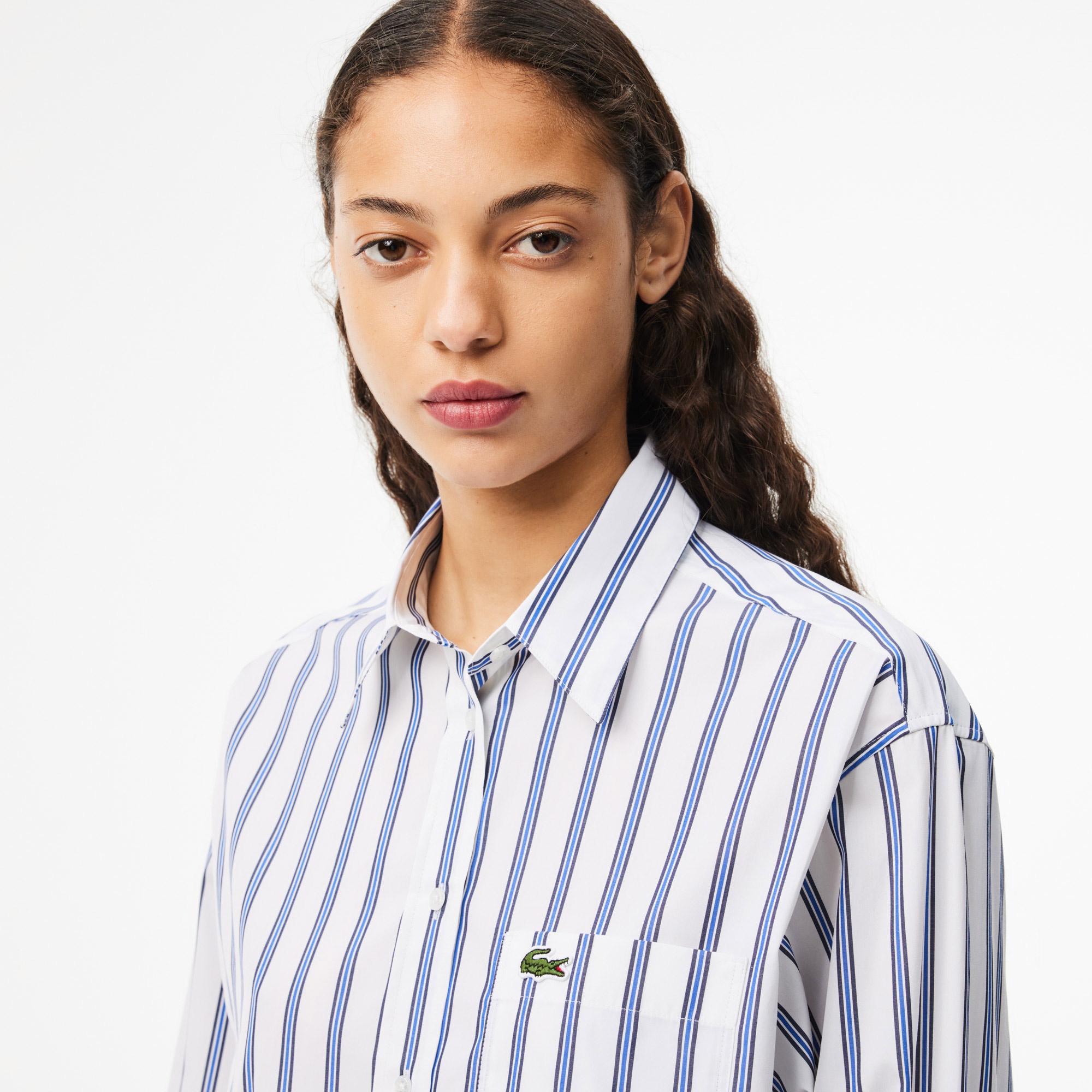Lacoste Kadın Oversize Fit Çizgili Beyaz Gömlek