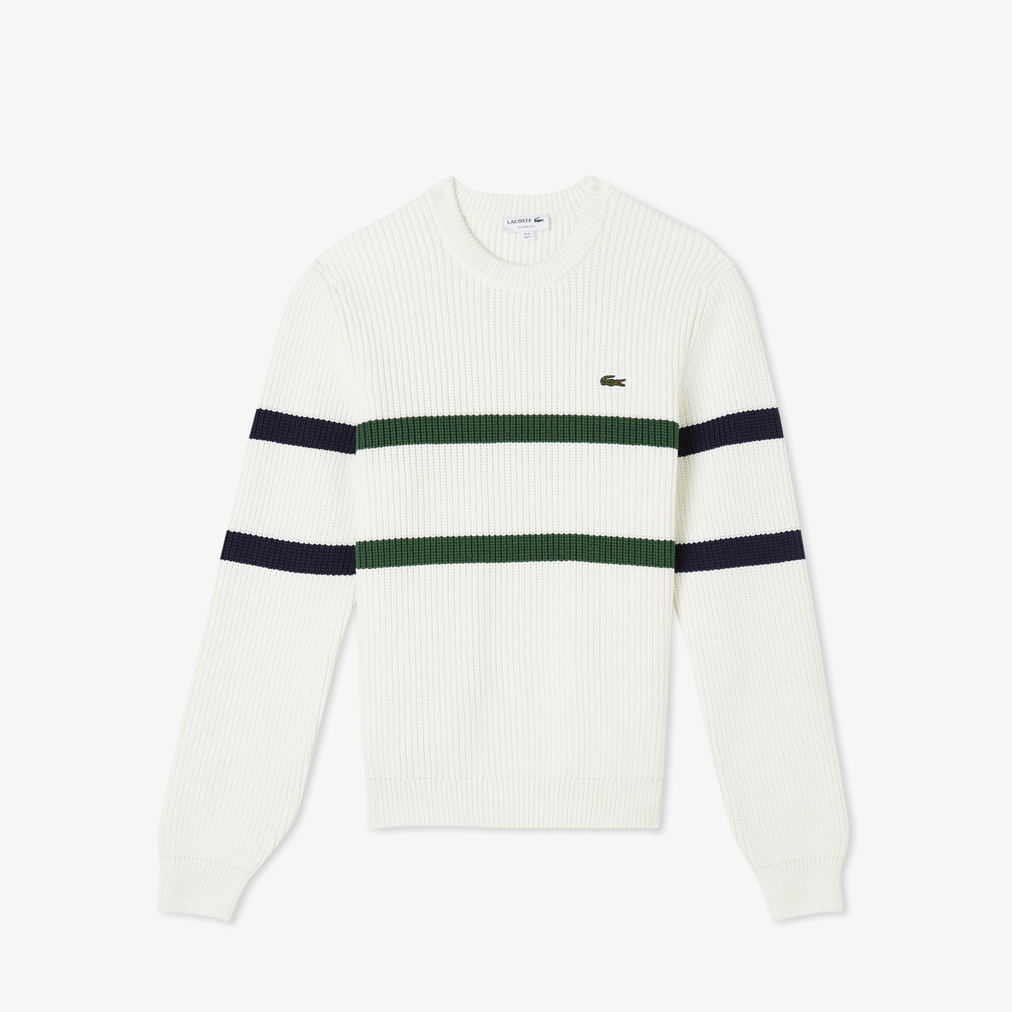 Lacoste Erkek Relaxed Fit Bisiklet Yaka Çizgili Beyaz Kazak