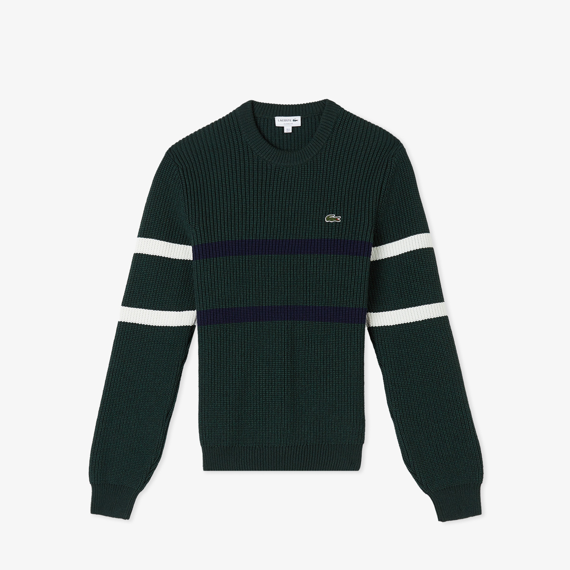 Lacoste Erkek Relaxed Fit Bisiklet Yaka Çizgili Koyu Yeşil Kazak