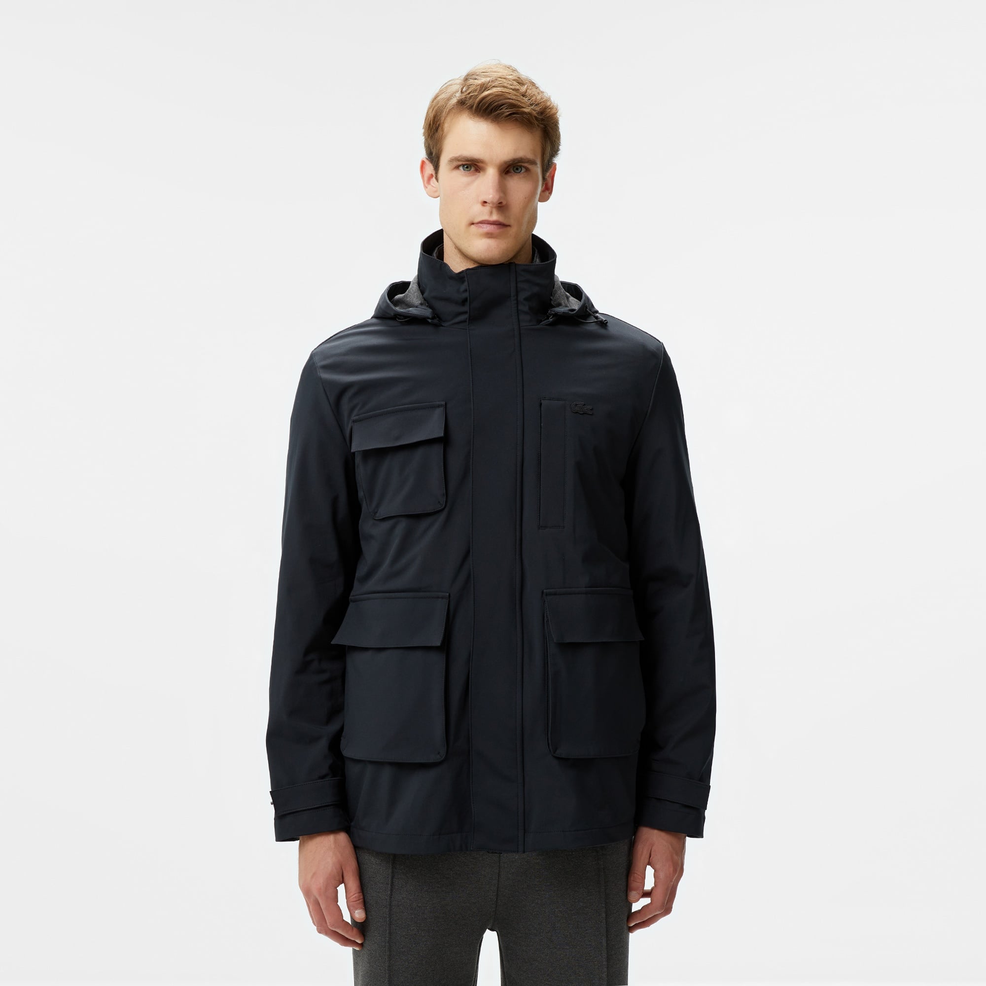 Lacoste Erkek Regular Fit Kapüşonlu Baskılı Siyah Yağmurluk