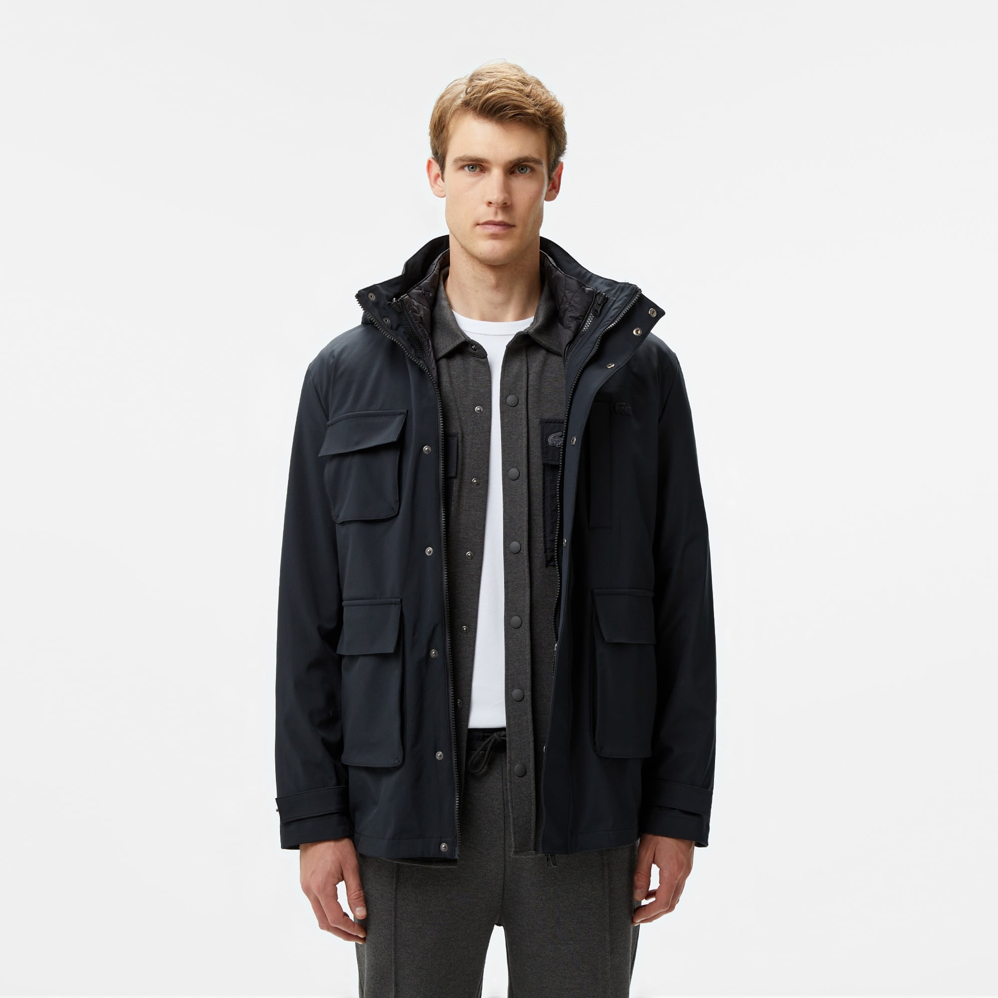 Lacoste Erkek Regular Fit Kapüşonlu Baskılı Siyah Yağmurluk