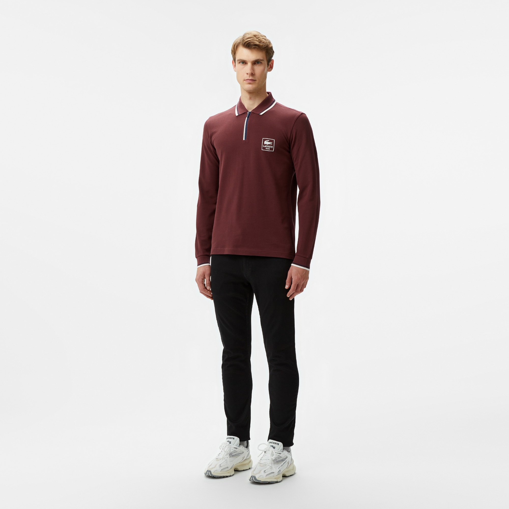 Lacoste Erkek Regular Fit Uzun Kollu Yarım Fermuarlı Bordo Polo