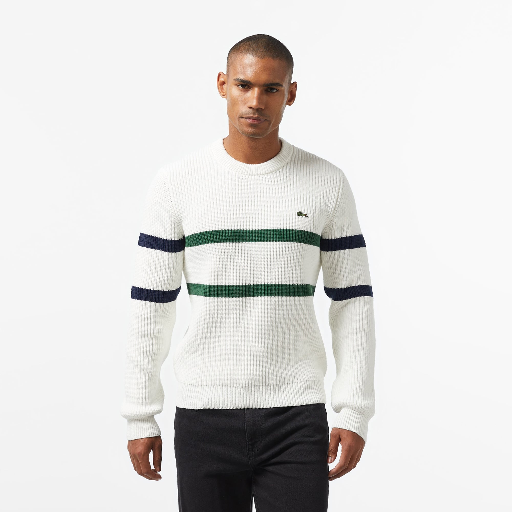 Lacoste Erkek Relaxed Fit Bisiklet Yaka Çizgili Beyaz Kazak