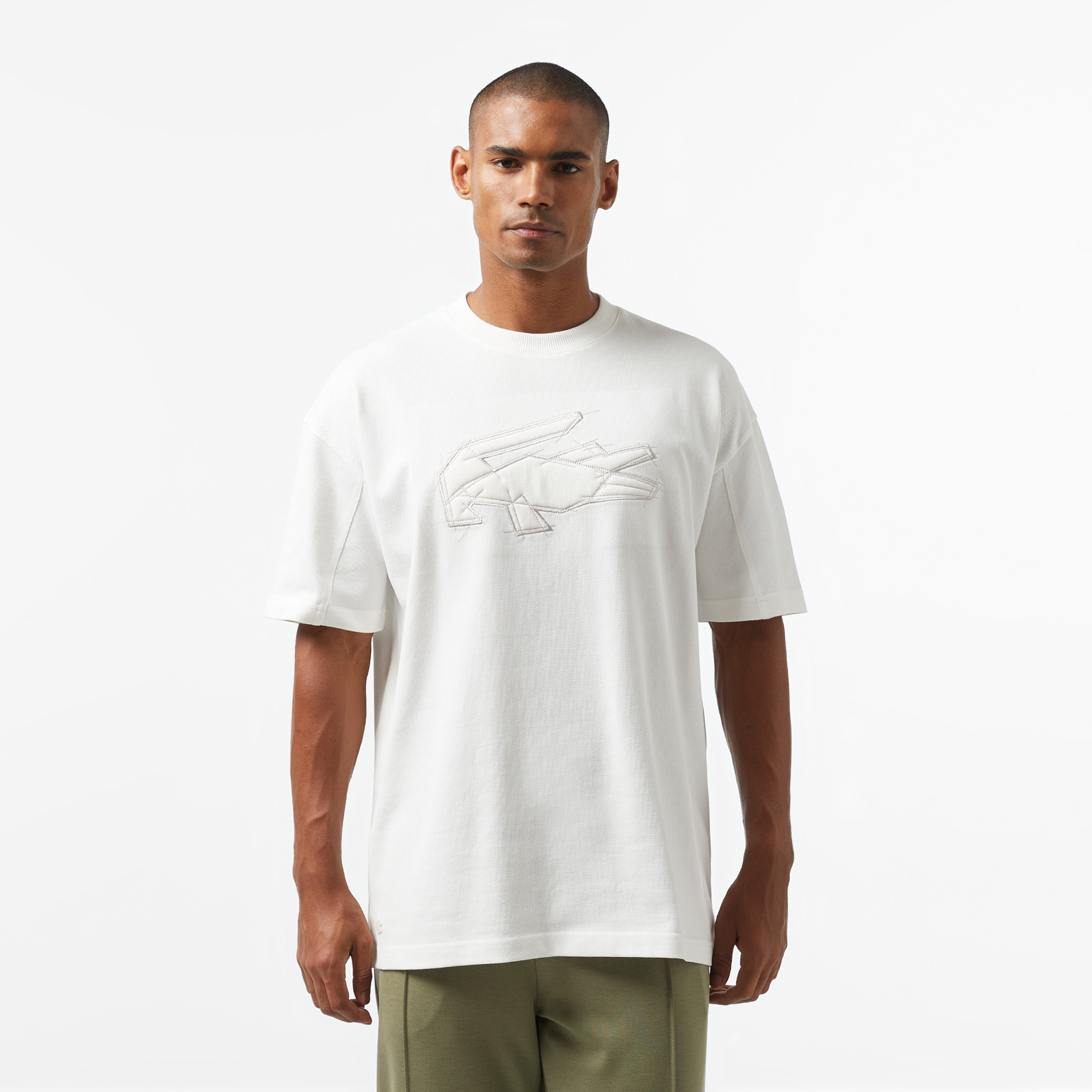 Lacoste Erkek Oversize Fit Bisiklet Yaka Baskılı Beyaz T-Shirt