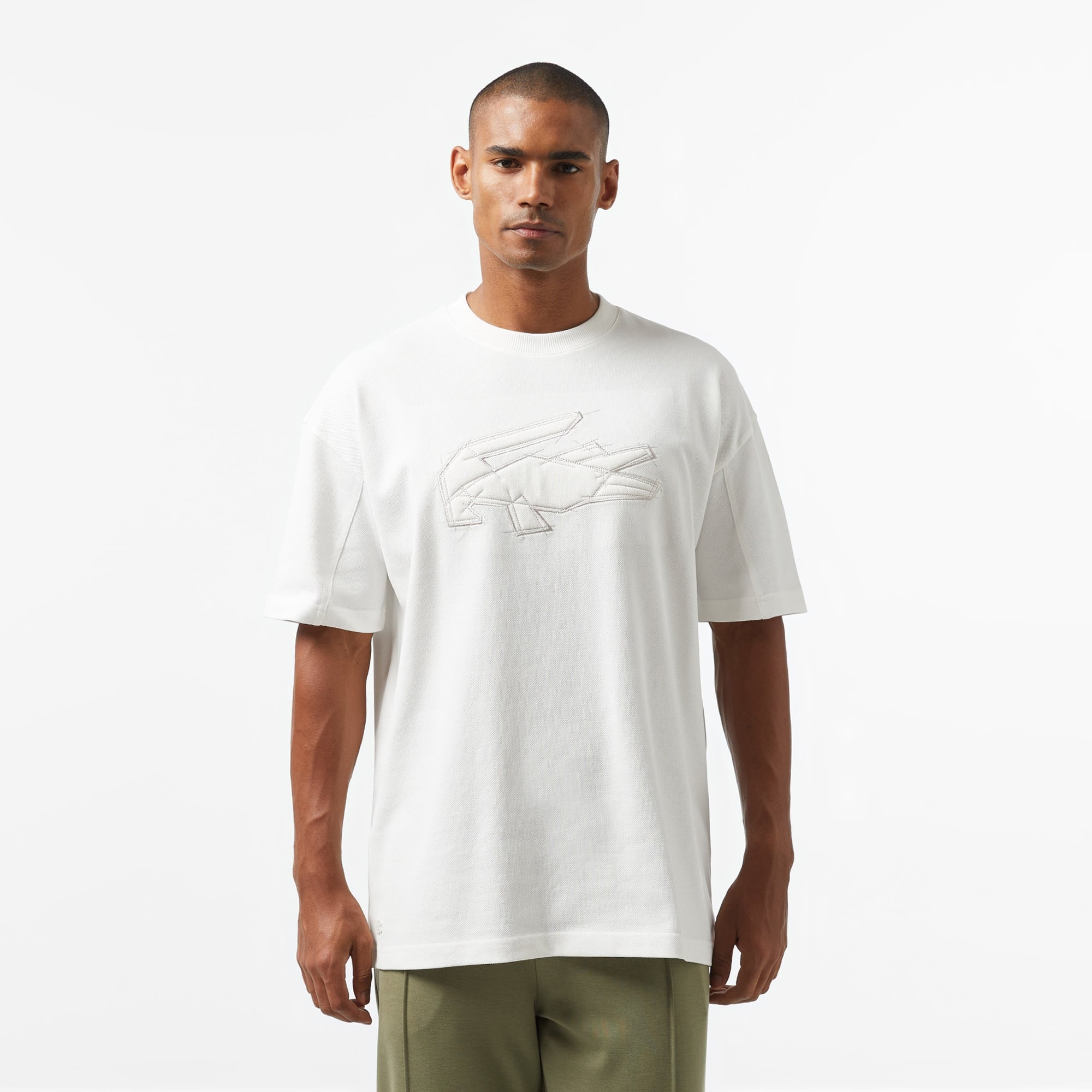 Lacoste Erkek Oversize Fit Bisiklet Yaka Baskılı Beyaz T-Shirt