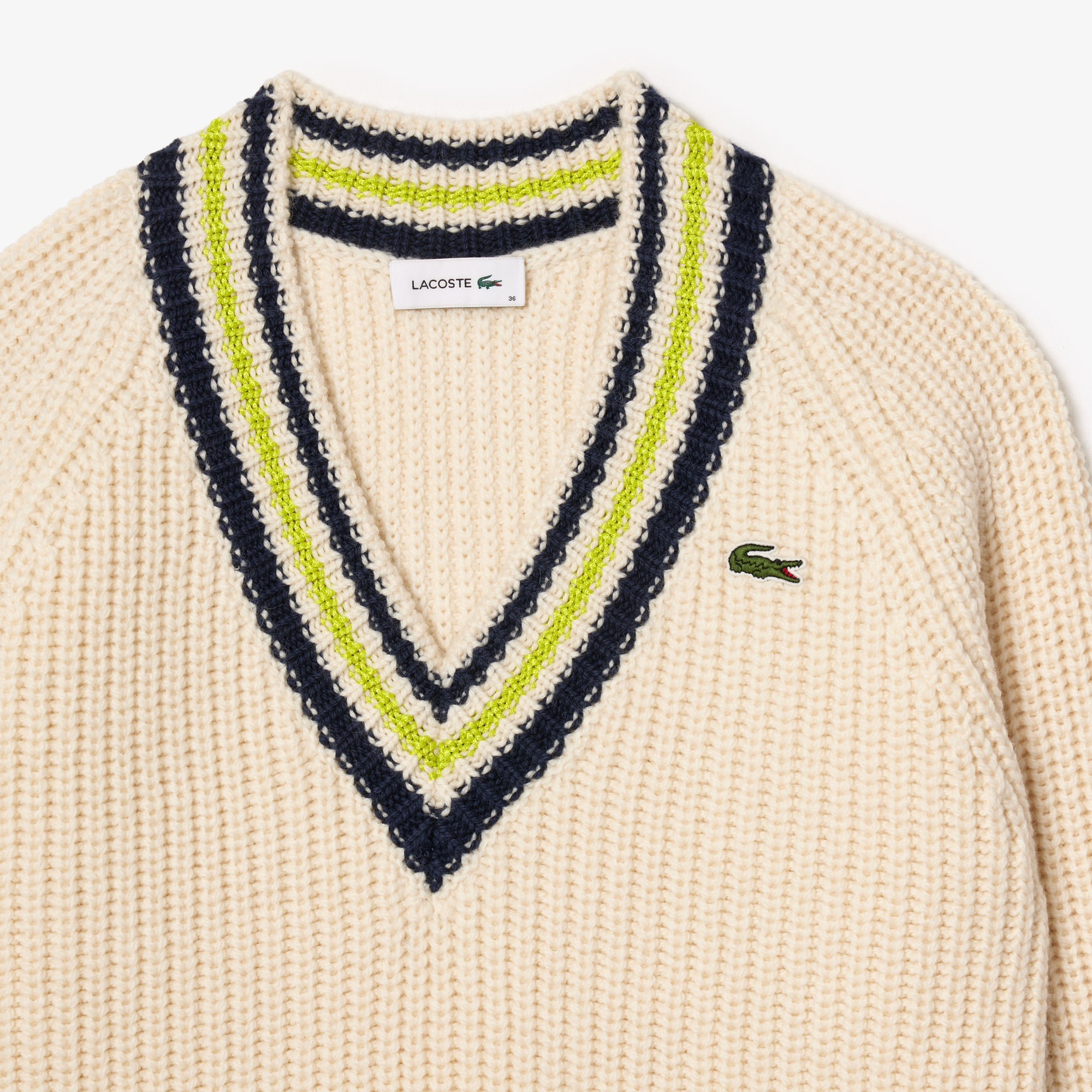 Lacoste Kadın Relaxed Fit V Yaka Yün Renk Bloklu Krem Kazak