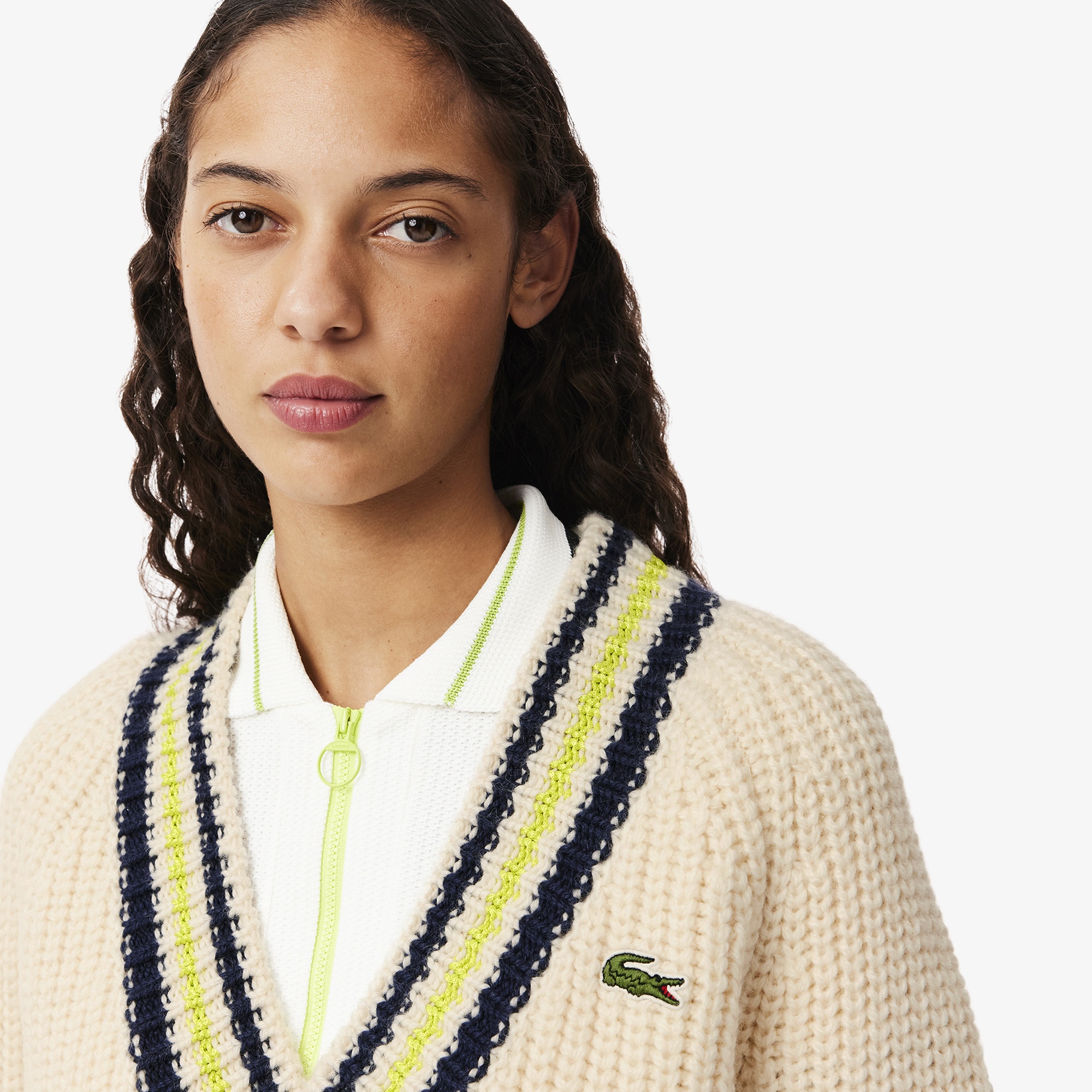 Lacoste Kadın Relaxed Fit V Yaka Yün Renk Bloklu Krem Kazak