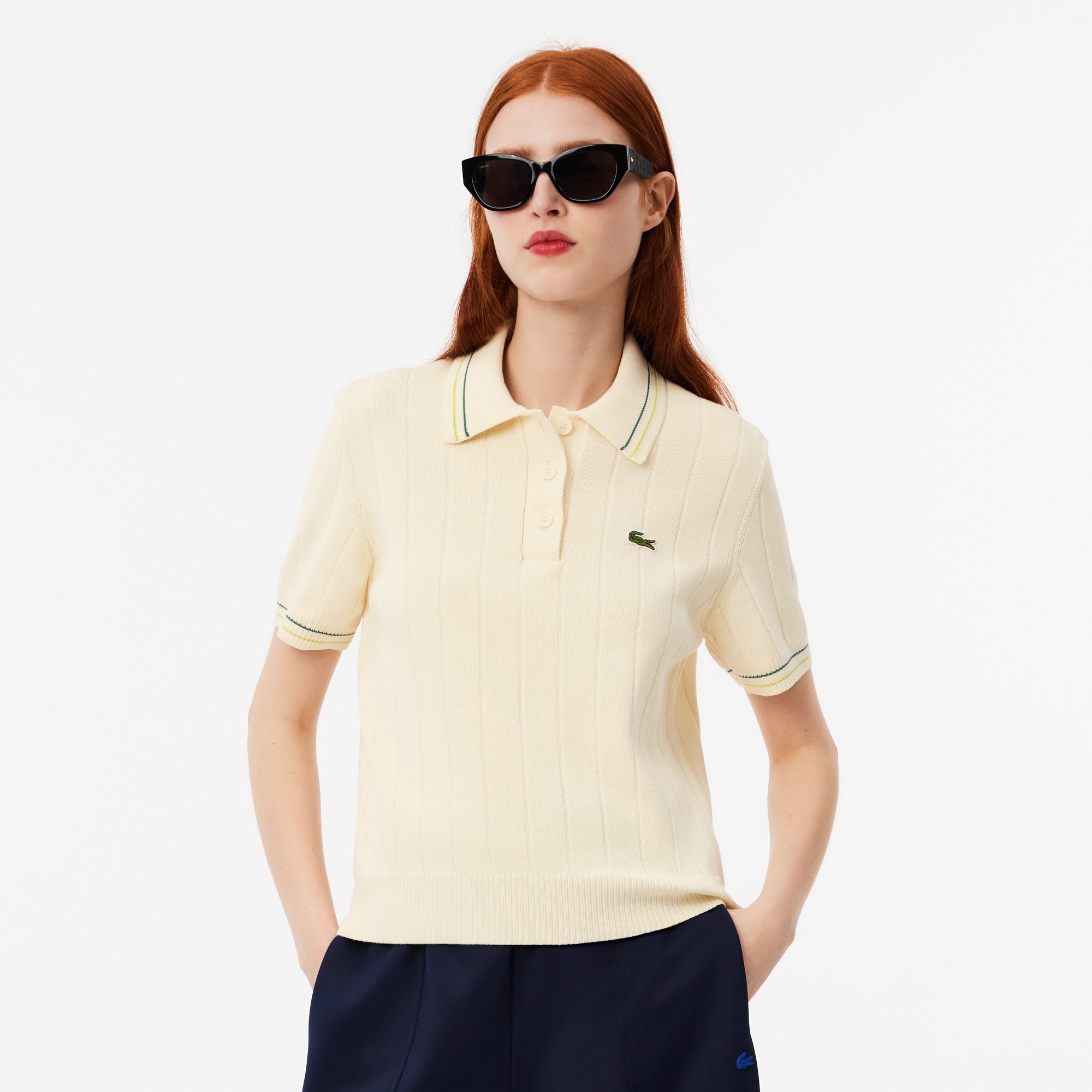 Lacoste Kadın Relaxed Fit Kısa Kollu Polo Yaka Krem Triko