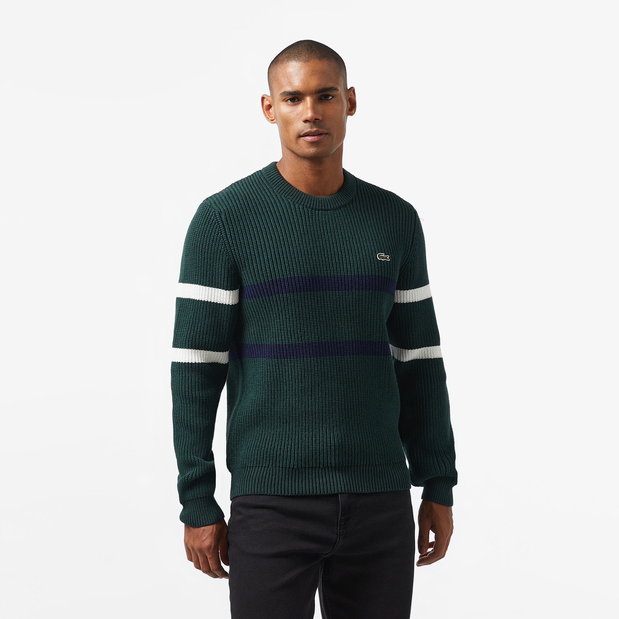 Lacoste Erkek Relaxed Fit Bisiklet Yaka Çizgili Koyu Yeşil Kazak