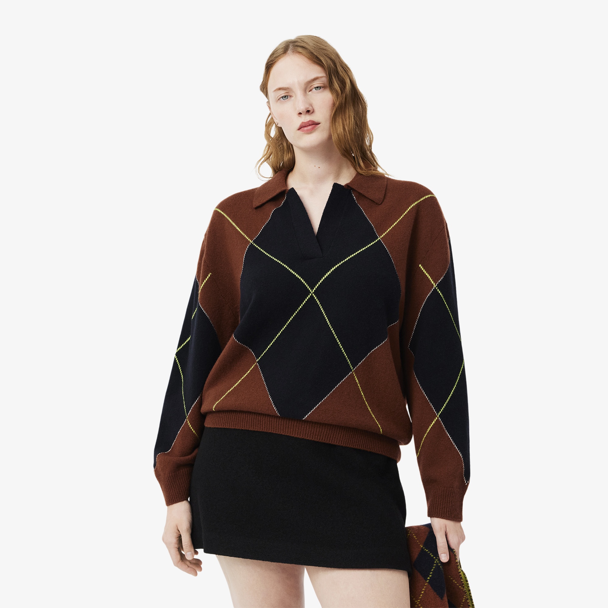 Lacoste Kadın Relaxed Fit Yün Polo Yaka Renk Bloklu Bordo Triko