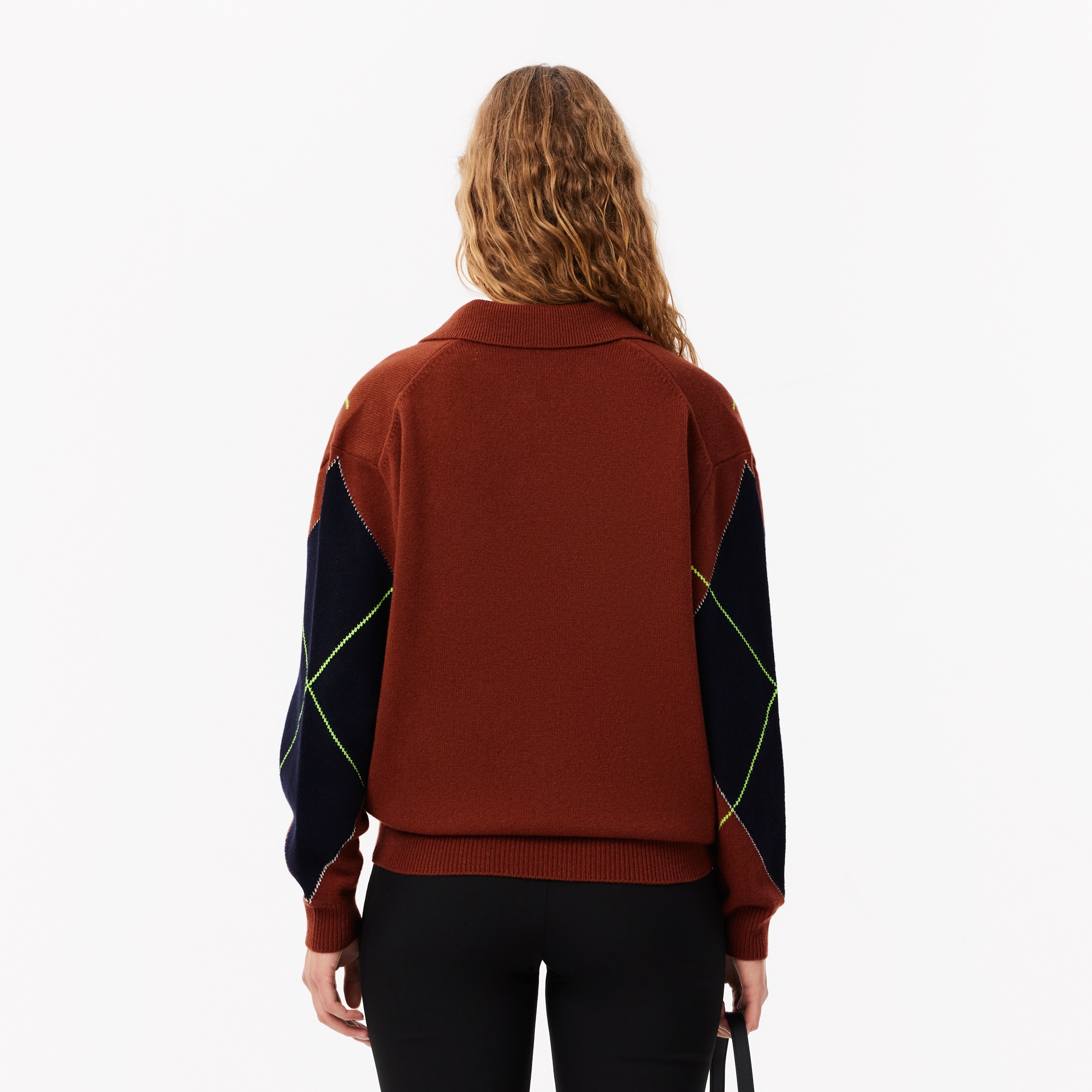 Lacoste Kadın Relaxed Fit Yün Polo Yaka Renk Bloklu Bordo Triko