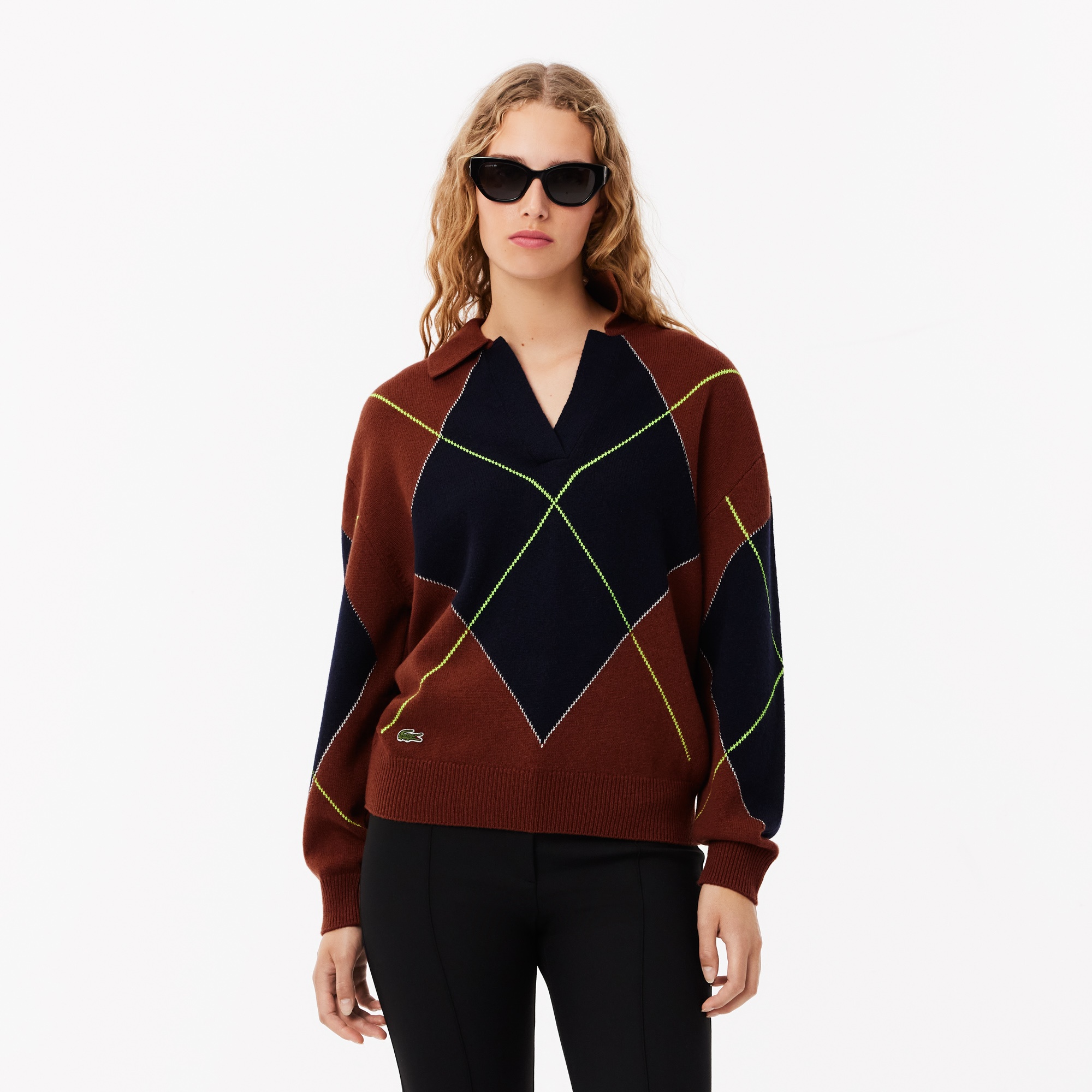 Lacoste Kadın Relaxed Fit Yün Polo Yaka Renk Bloklu Bordo Triko