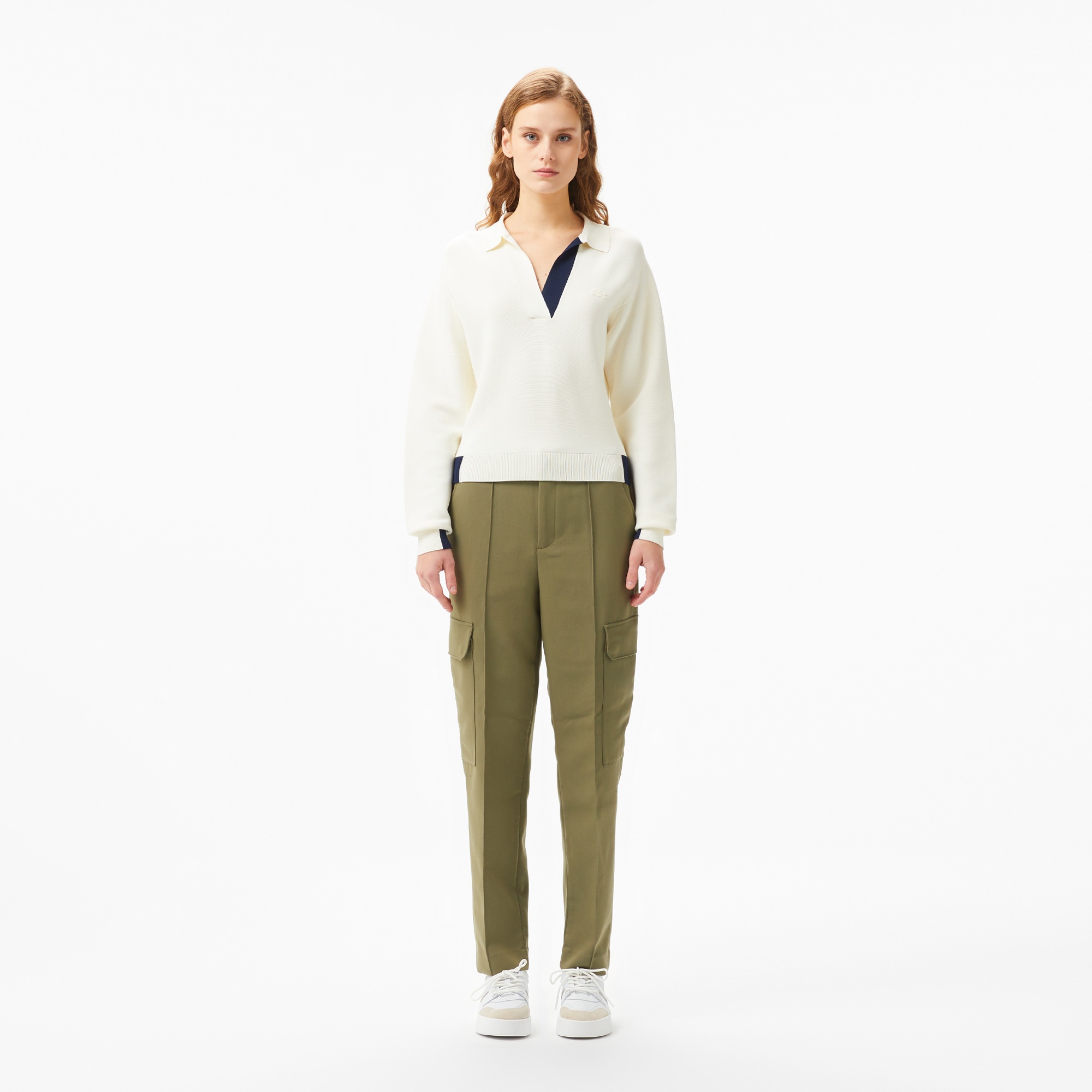 Lacoste Kadın Regular Fit Polo Yaka Renk Bloklu Krem Triko