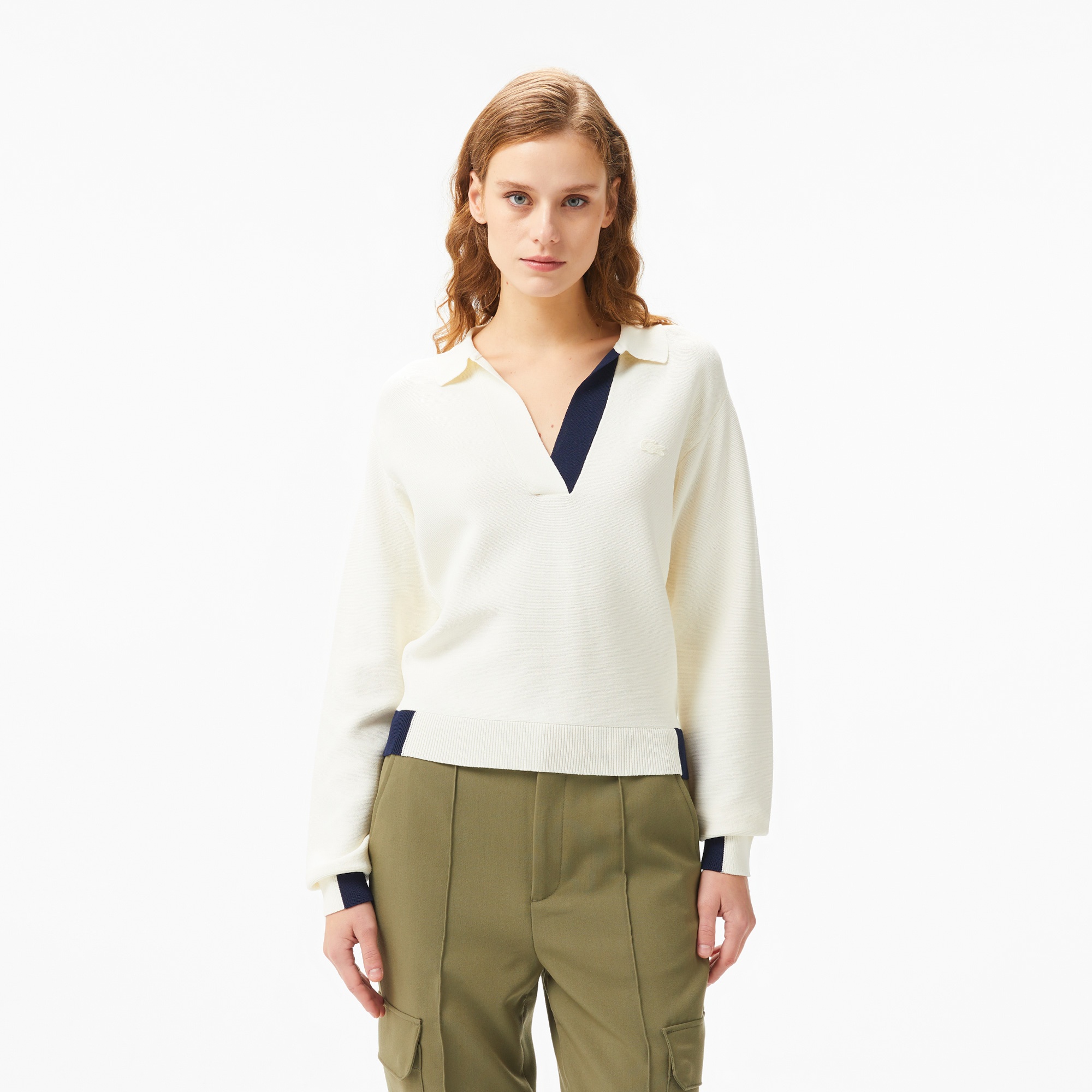 Lacoste Kadın Regular Fit Polo Yaka Renk Bloklu Krem Triko
