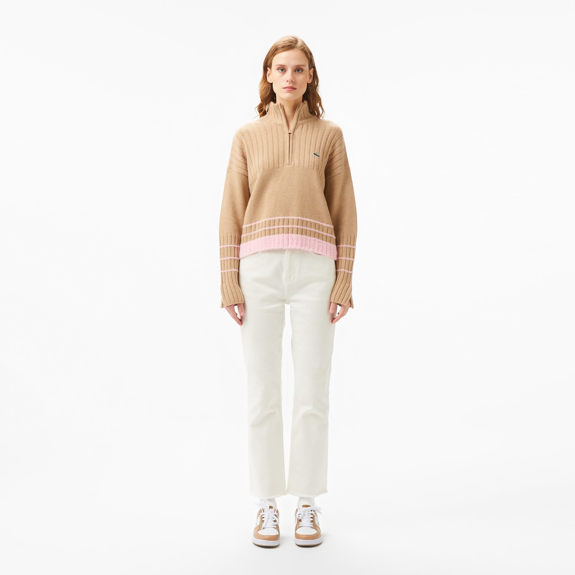 Lacoste Kadın Regular Fit Yarım Fermuarlı Renk Bloklu Bej Kazak