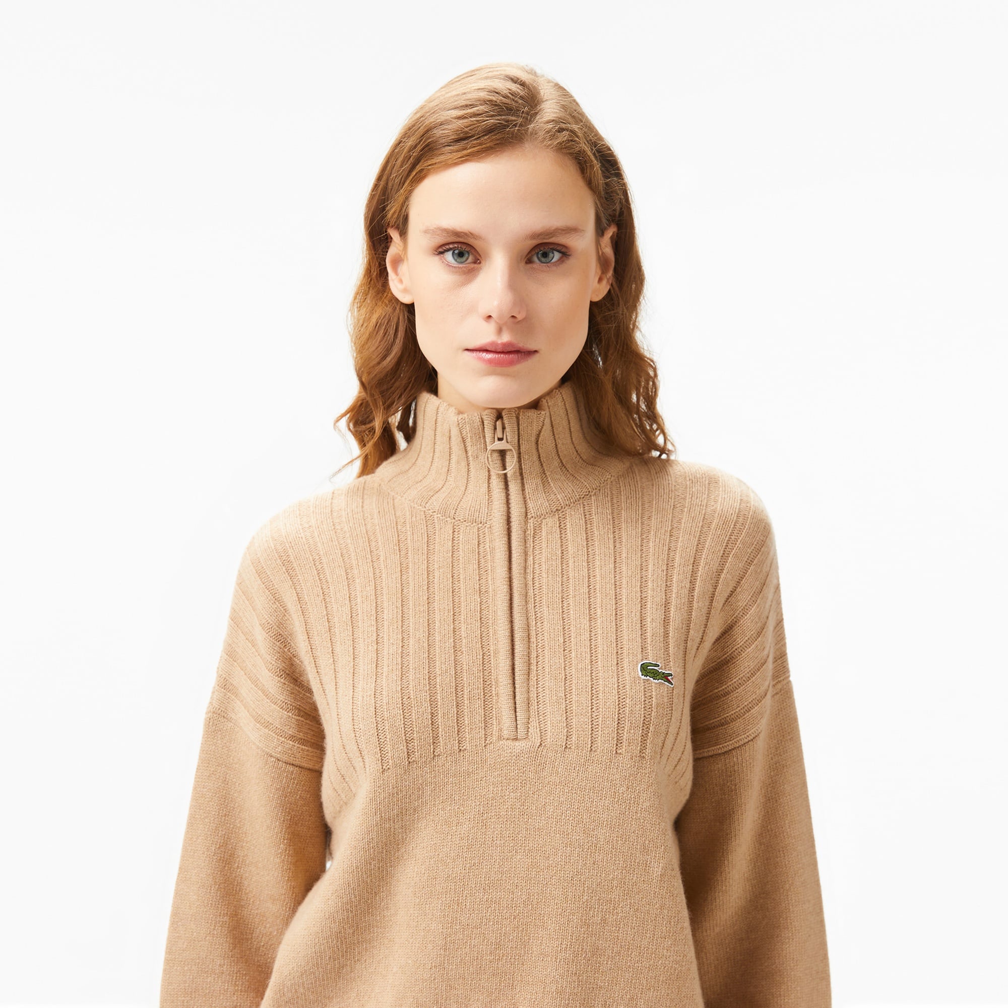 Lacoste Kadın Regular Fit Yarım Fermuarlı Renk Bloklu Bej Kazak