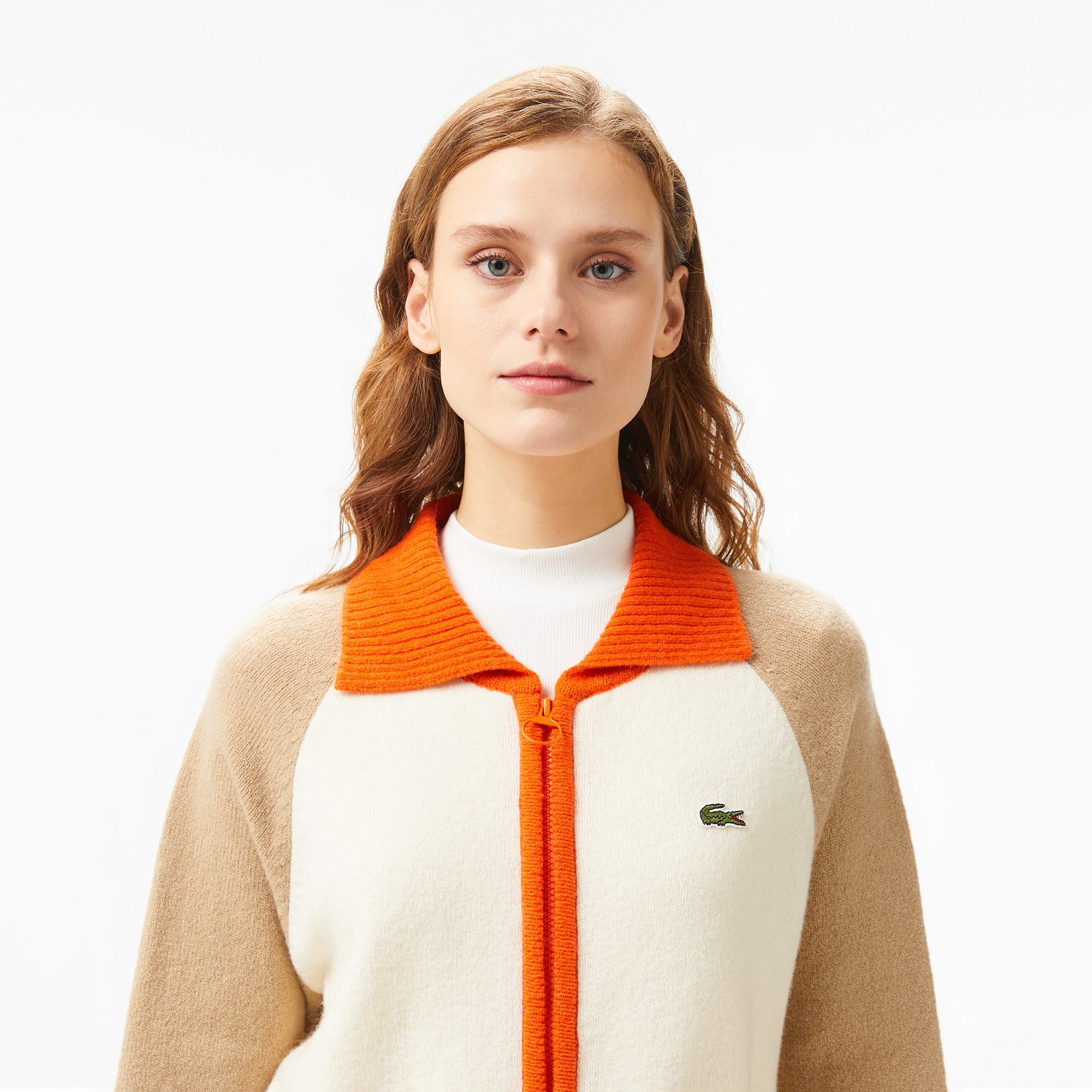 Lacoste Kadın Relaxed Fit Fermuarlı Renk Bloklu Bej Triko