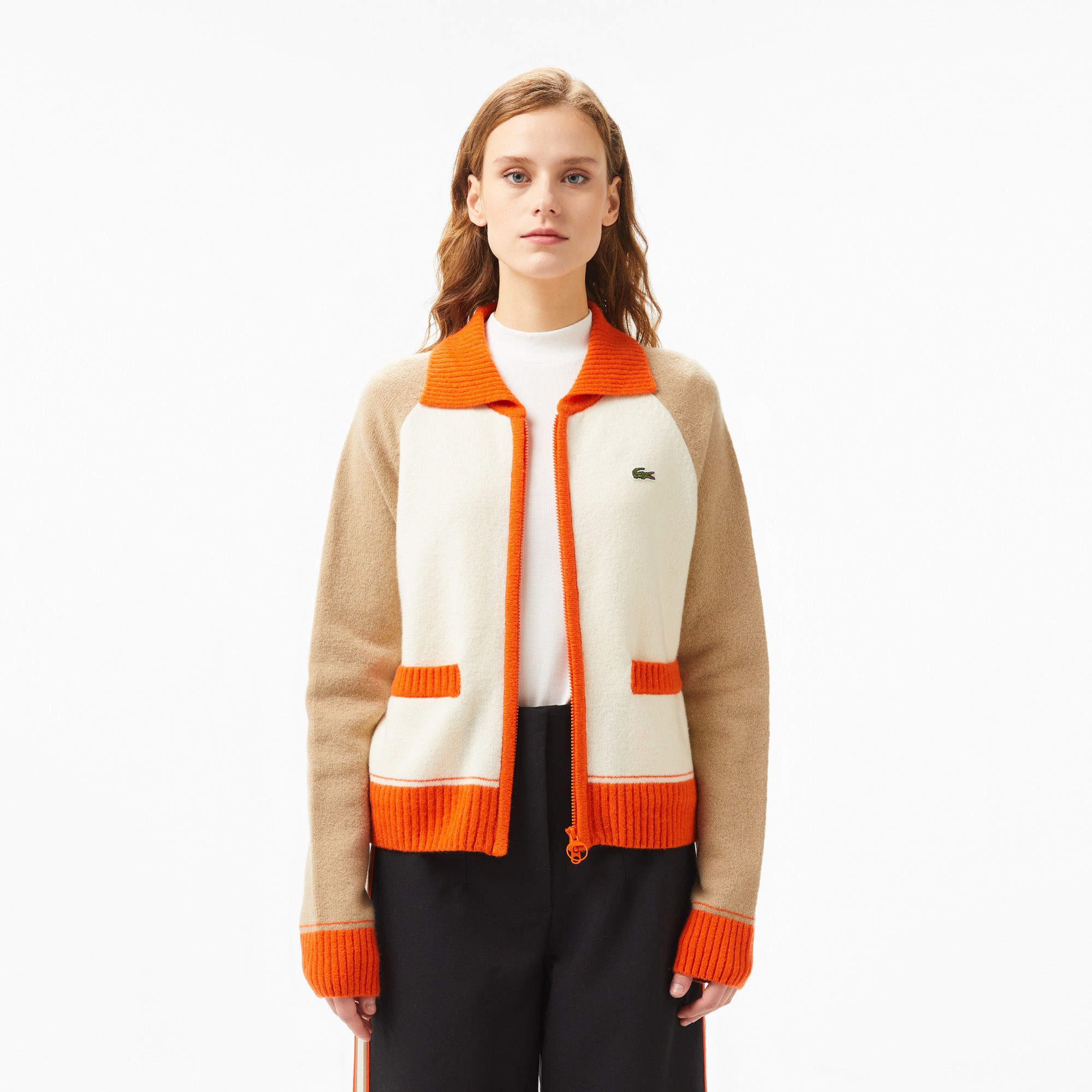 Lacoste Kadın Relaxed Fit Fermuarlı Renk Bloklu Bej Triko