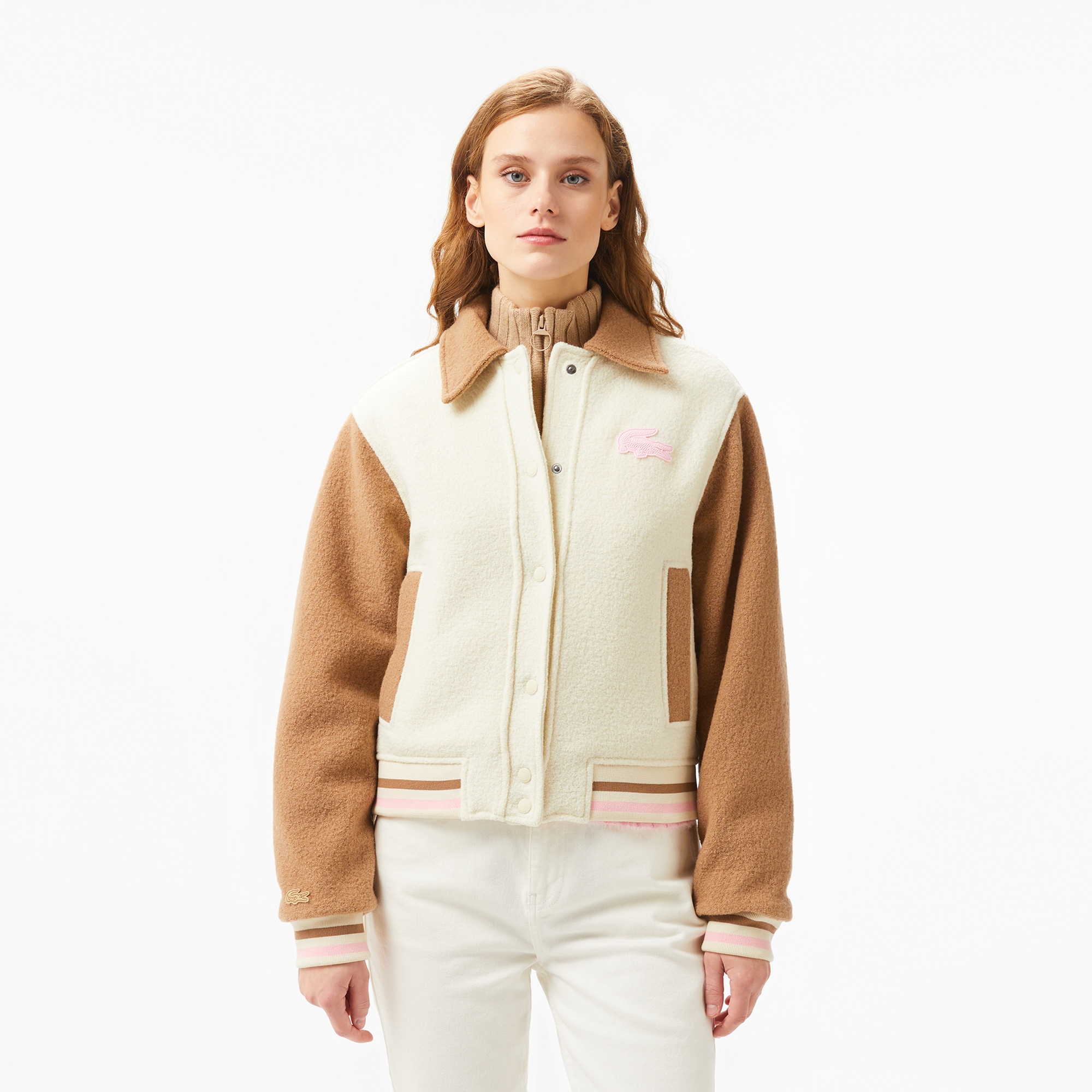 Lacoste Kadın Relaxed Fit Gömlek Yaka Renk Bloklu Bej Mont