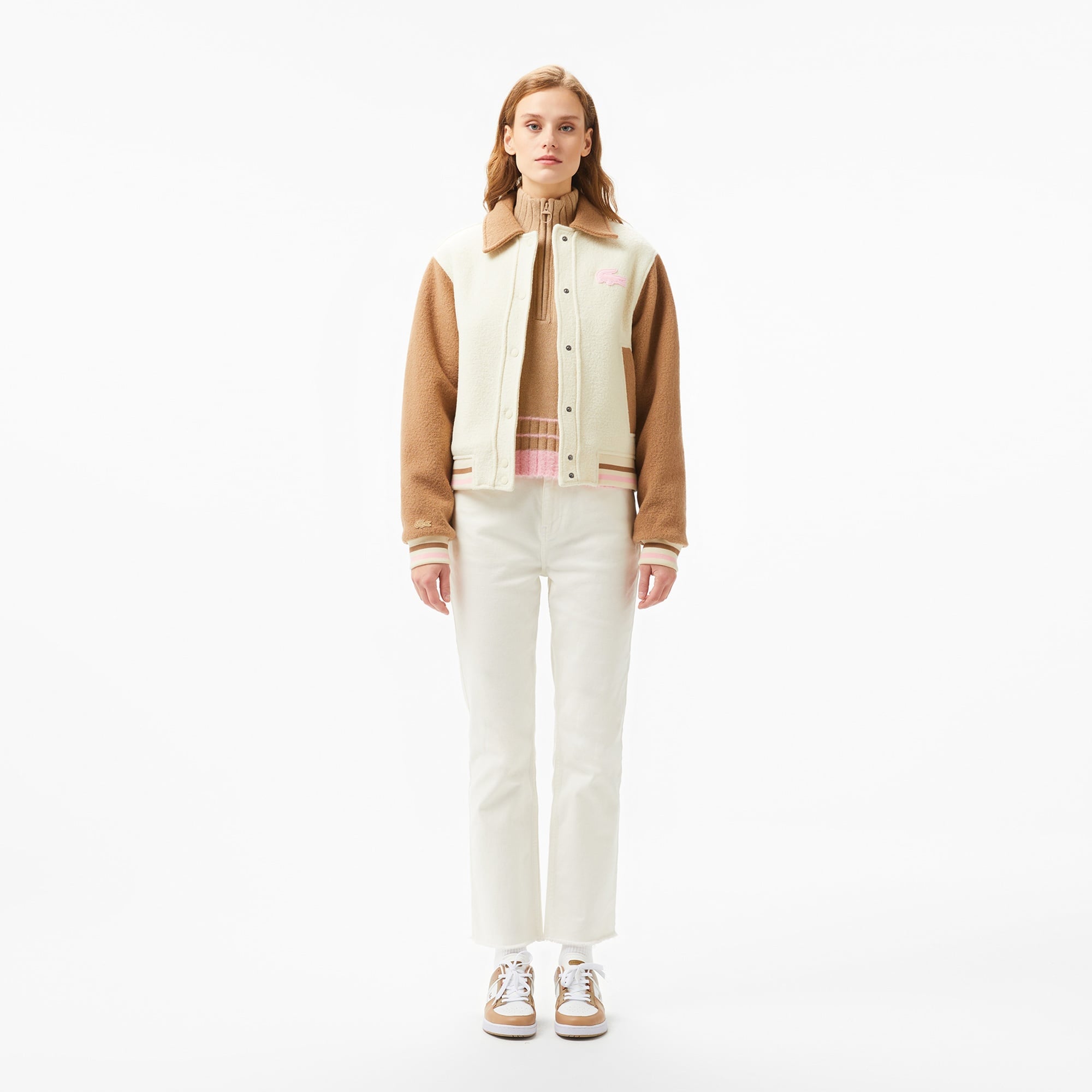 Lacoste Kadın Relaxed Fit Gömlek Yaka Renk Bloklu Bej Mont