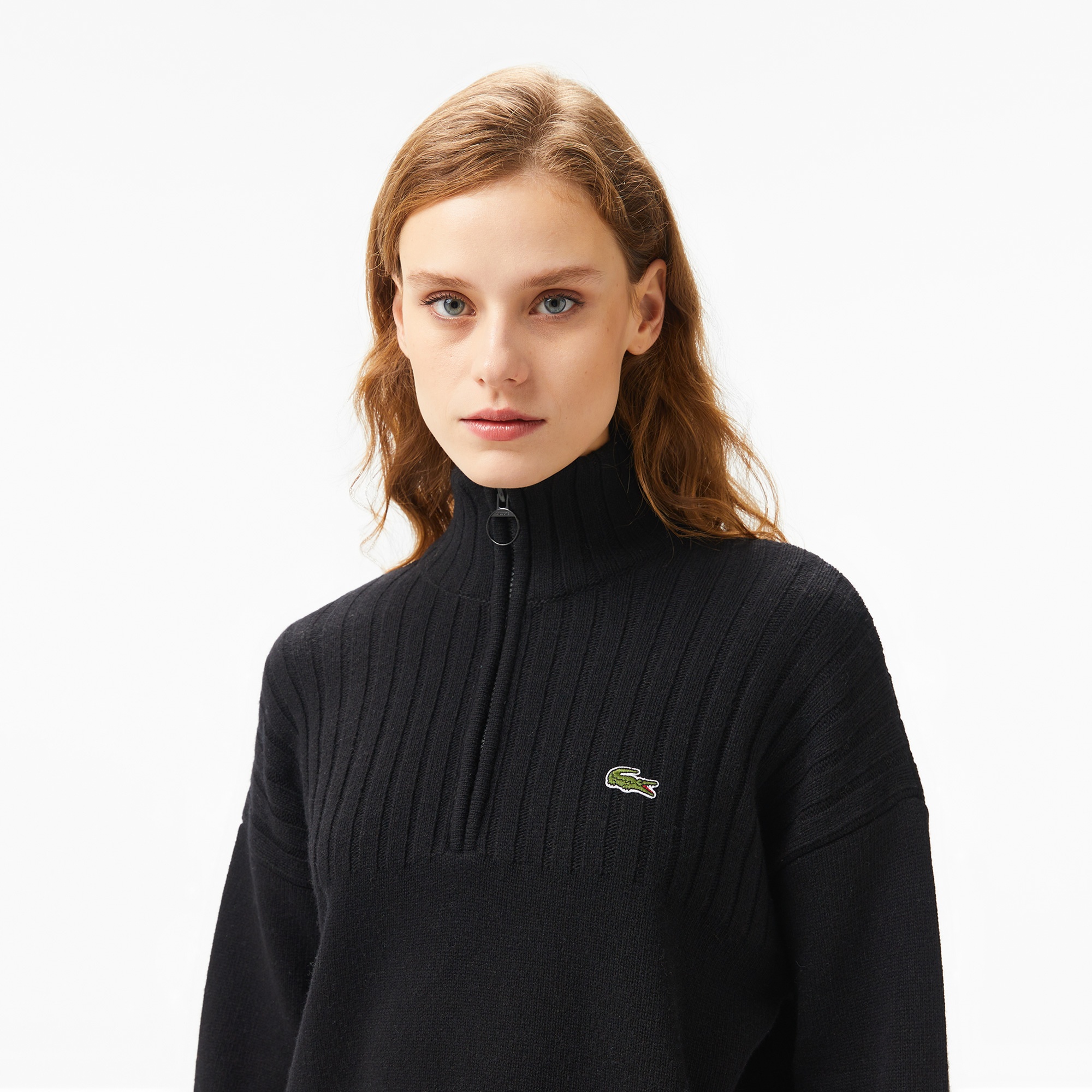 Lacoste Kadın Regular Fit Yarım Fermuarlı Renk Bloklu Siyah Kazak