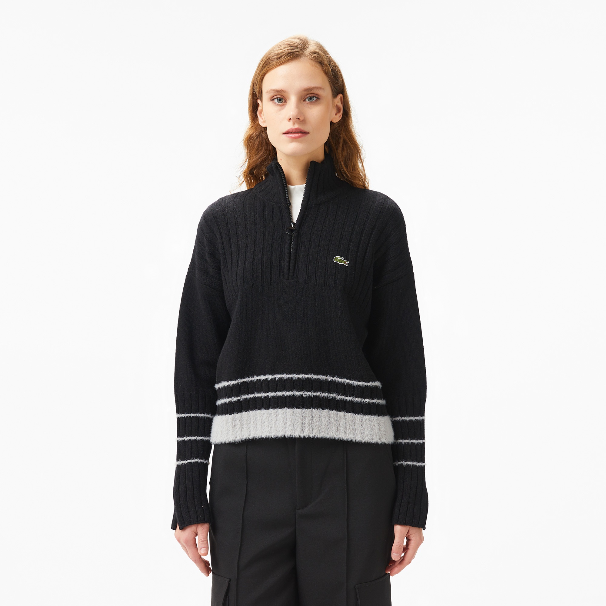 Lacoste Kadın Regular Fit Yarım Fermuarlı Renk Bloklu Siyah Kazak