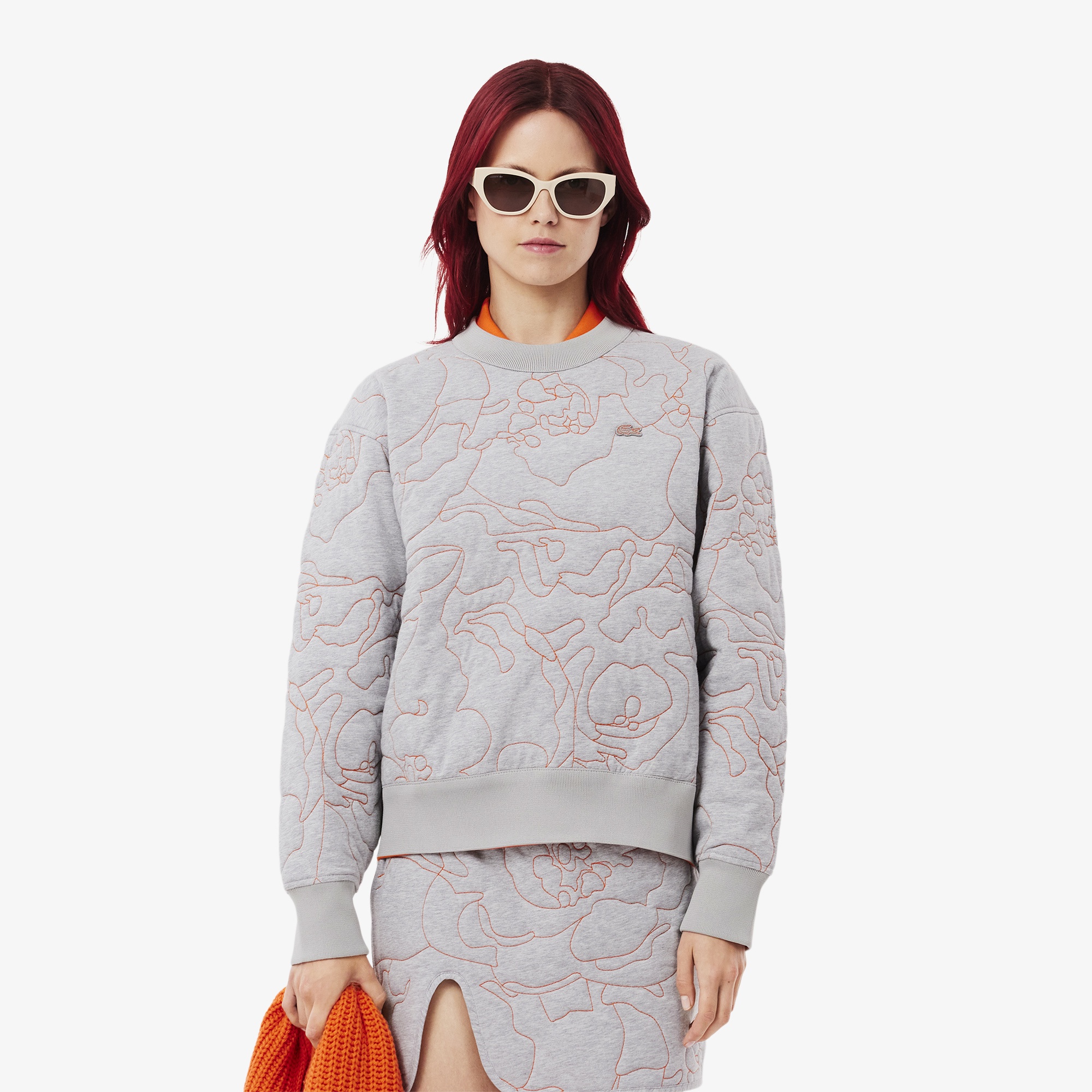 Lacoste Kadın Oversize Fit Bisiklet Yaka Çift Taraflı Desenli Gri Sweatshirt