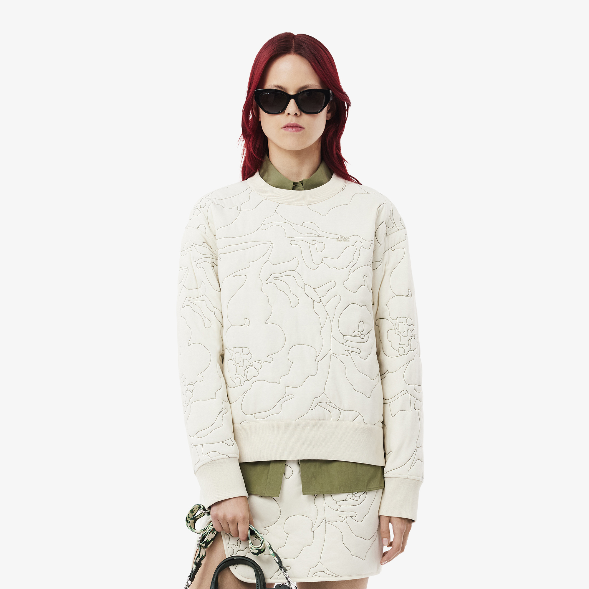Lacoste Kadın Oversize Fit Bisiklet Yaka Çift Taraflı Desenli Krem