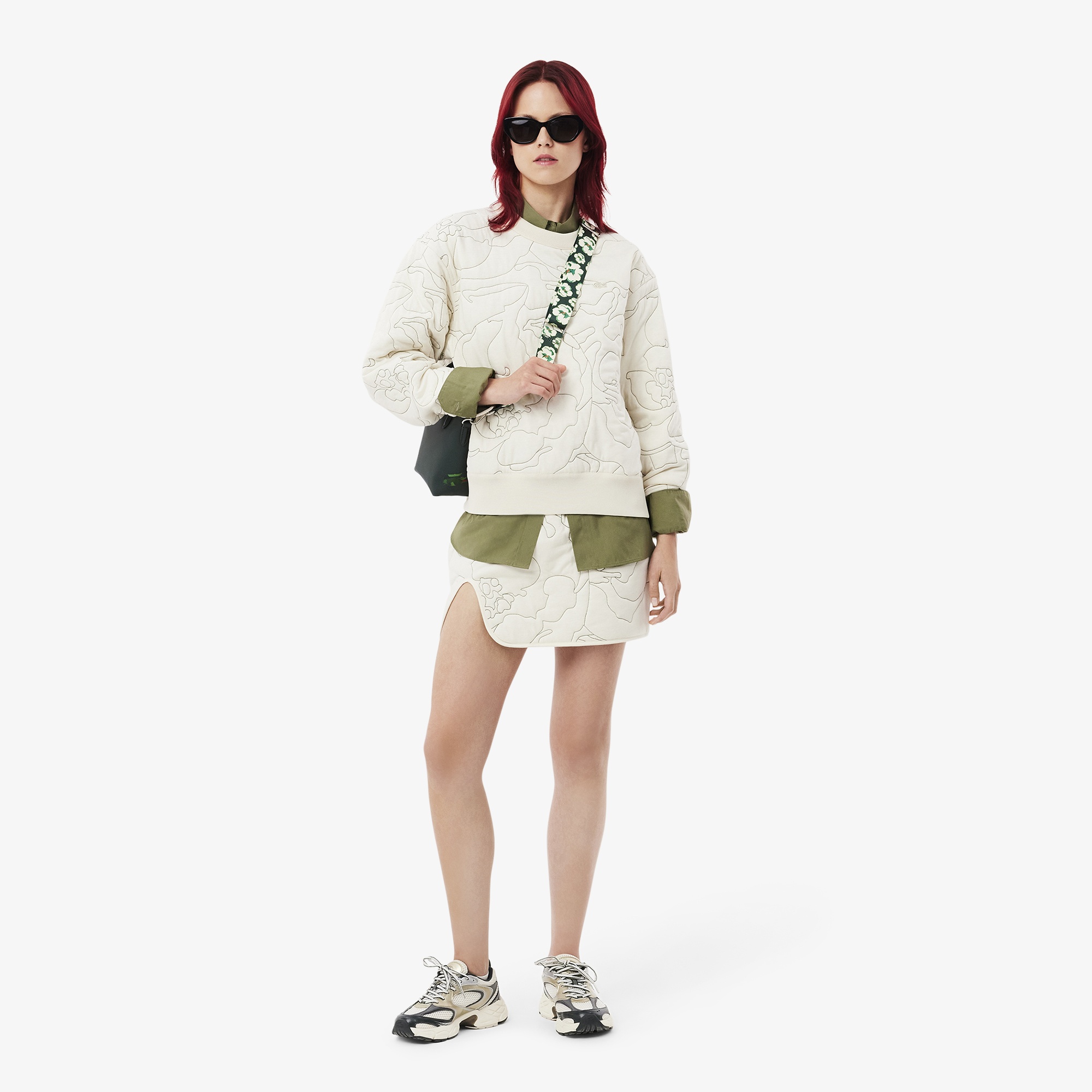 Lacoste Kadın Oversize Fit Bisiklet Yaka Çift Taraflı Desenli Krem Sweatshirt