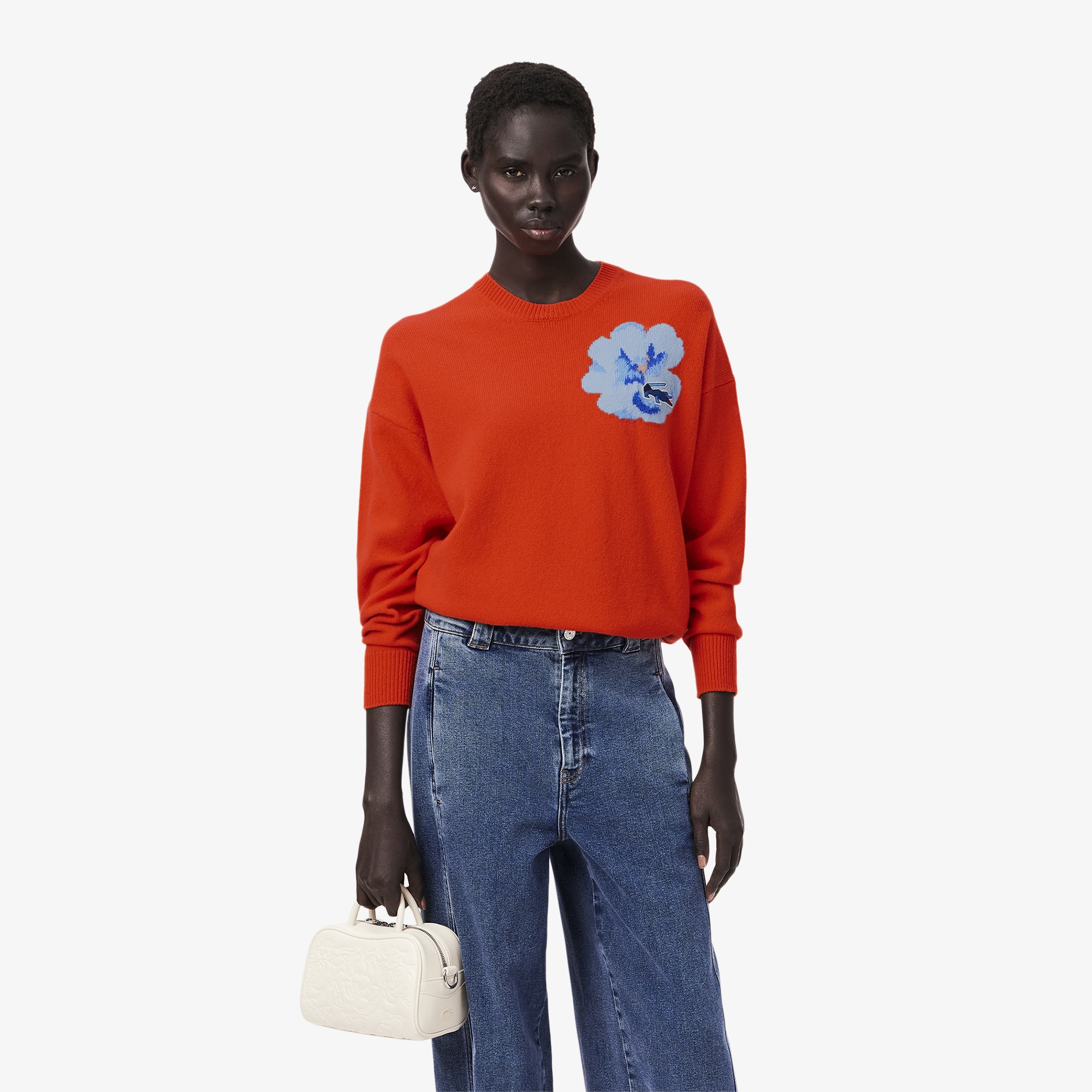 Lacoste Kadın Classic Fit Yün Bisiklet Yaka Baskılı Turuncu Triko