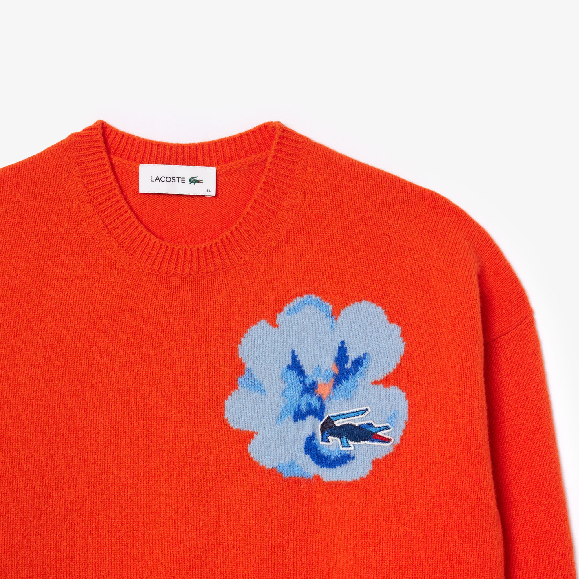 Lacoste Kadın Classic Fit Yün Bisiklet Yaka Baskılı Turuncu Triko