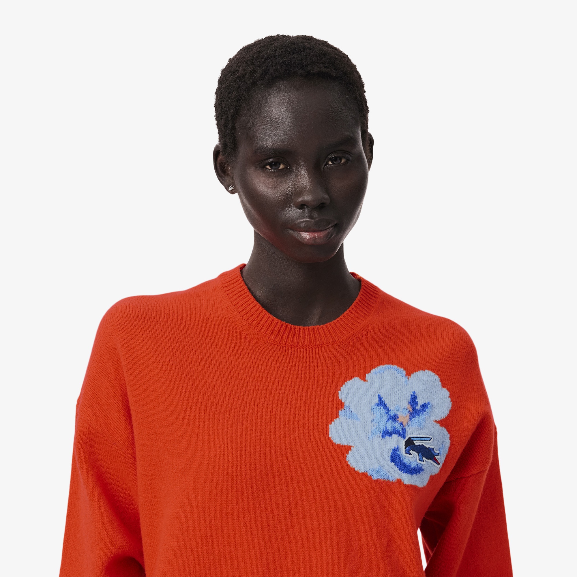 Lacoste Kadın Classic Fit Yün Bisiklet Yaka Baskılı Turuncu Triko