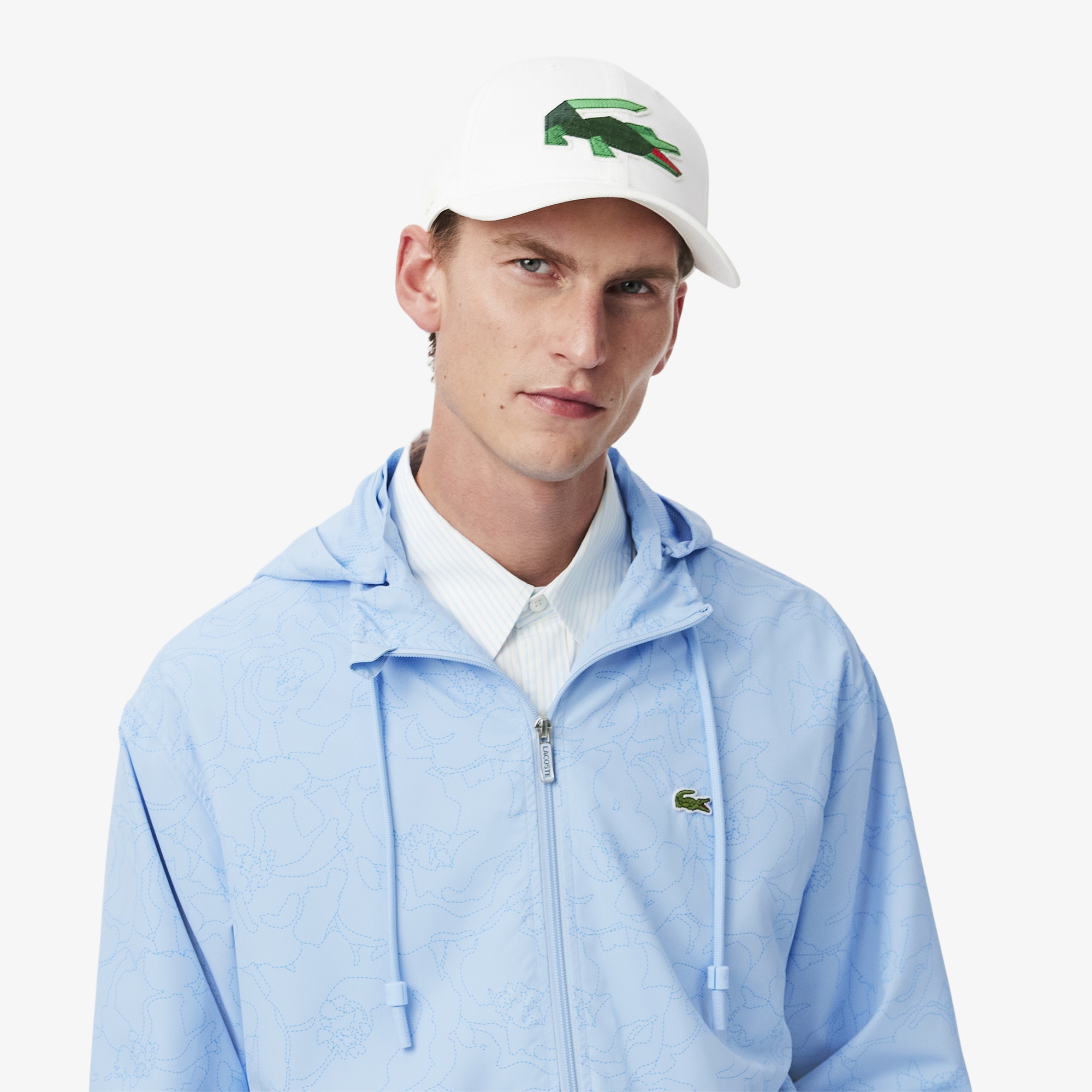Lacoste Erkek Regular Fit Kapüşonlu Desenli Mavi Rüzgarlık