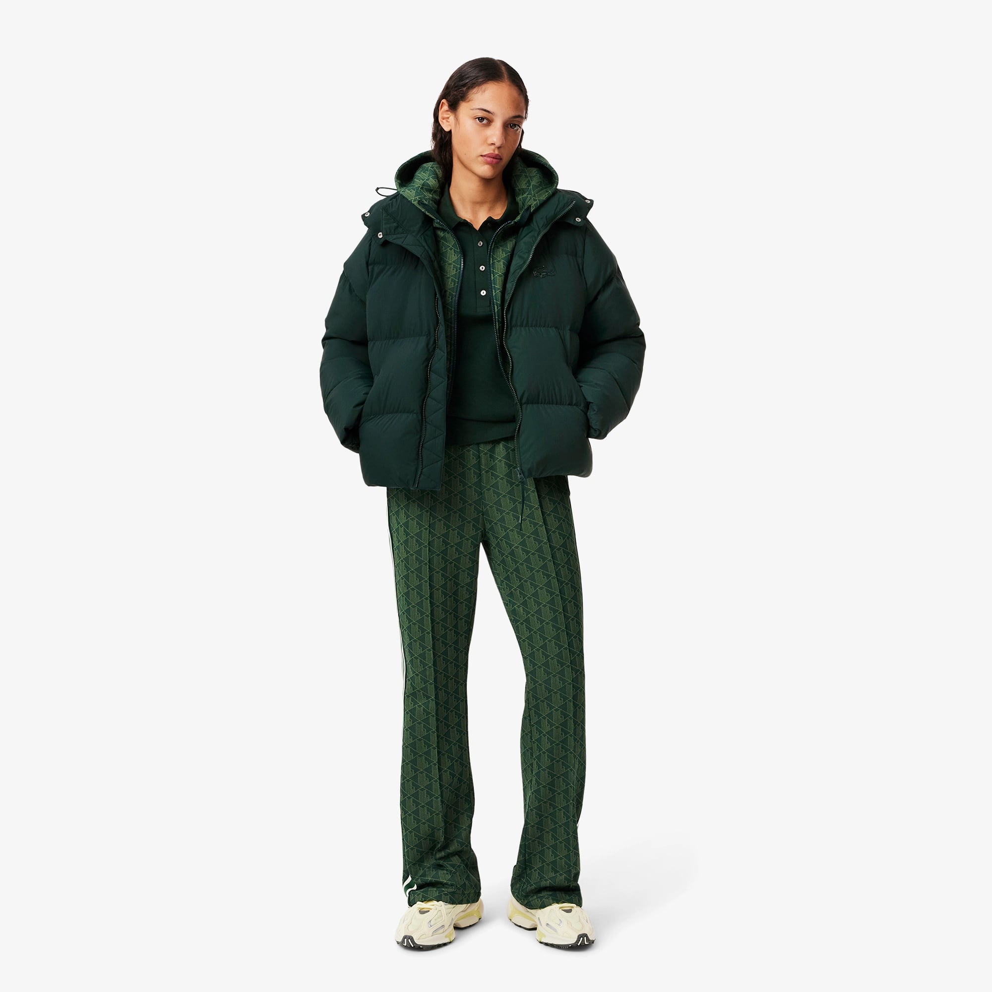 Kadın Relaxed Fit Kapüşonlu Koyu Yeşil Şişme Mont