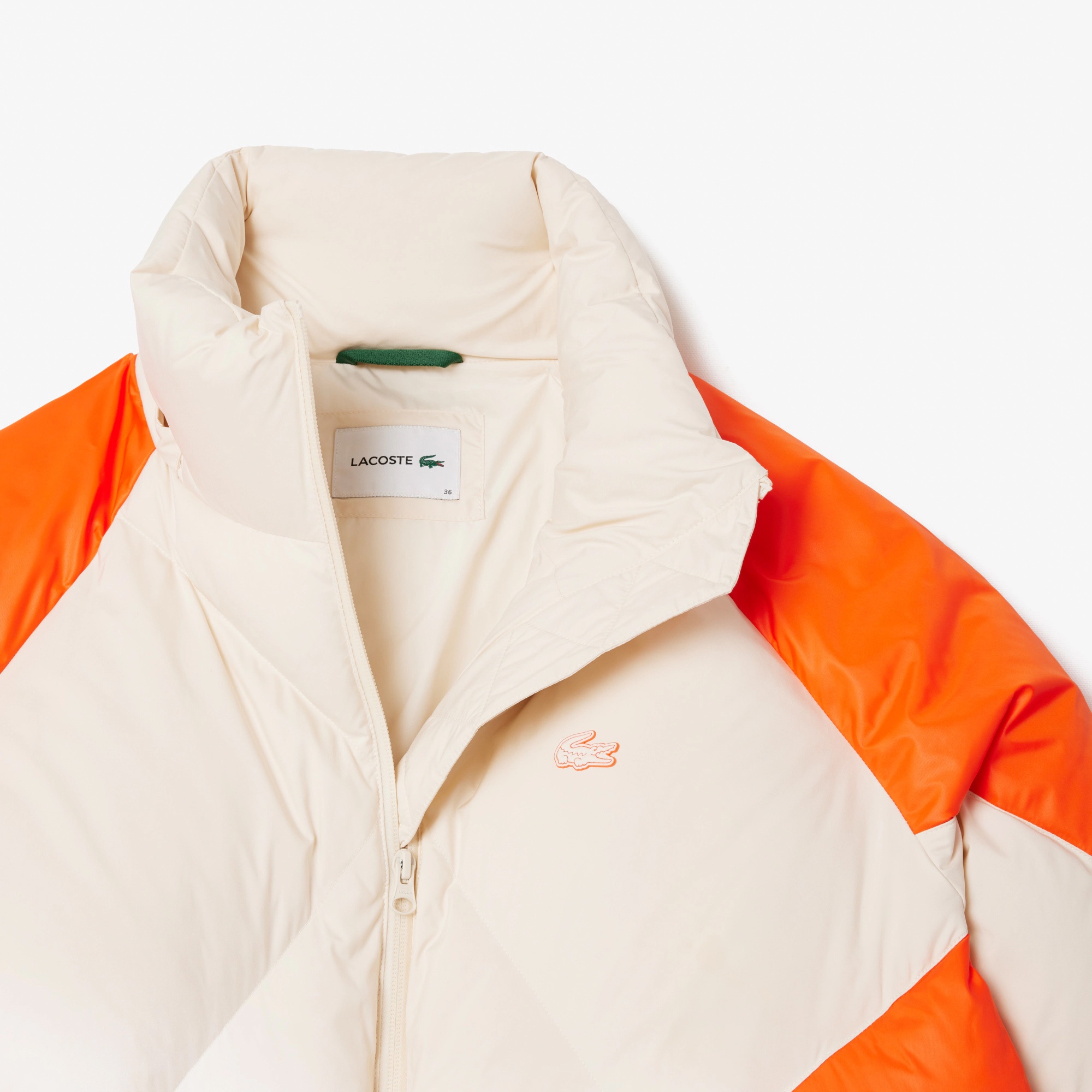 Lacoste Kadın Oversize Fit Kapüşonlu Renk Bloklu Krem Şişme Mont