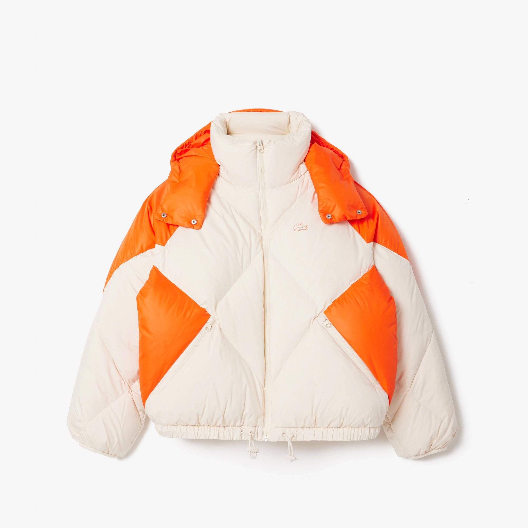 Lacoste Kadın Oversize Fit Kapüşonlu Renk Bloklu Krem Şişme Mont