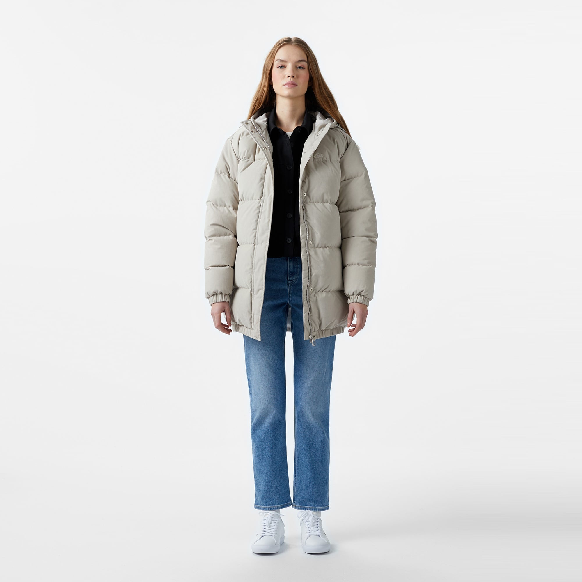 Lacoste Kadın Relaxed Fit Kapüşonlu Gri Şişme Mont