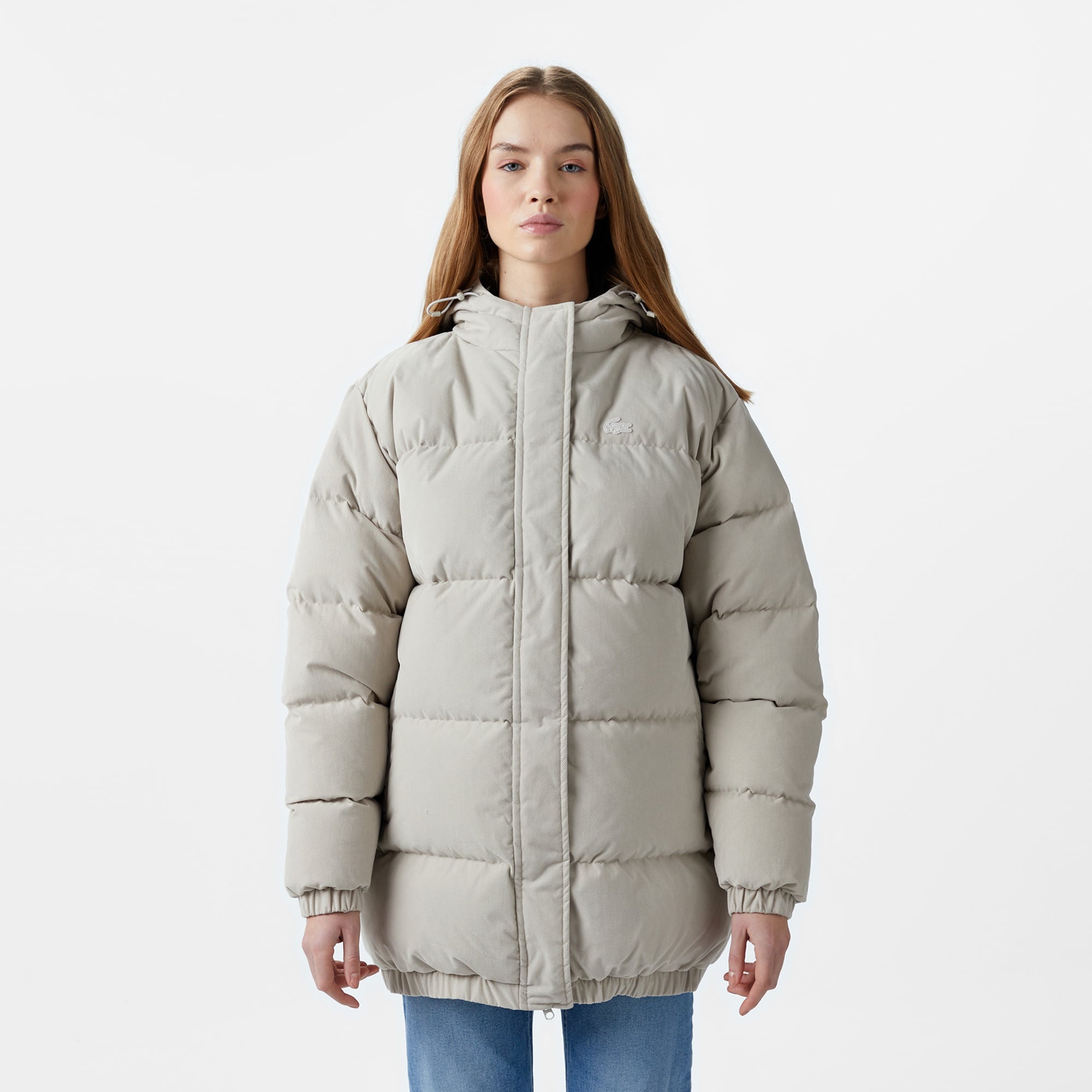 Lacoste Kadın Relaxed Fit Kapüşonlu Gri Şişme Mont