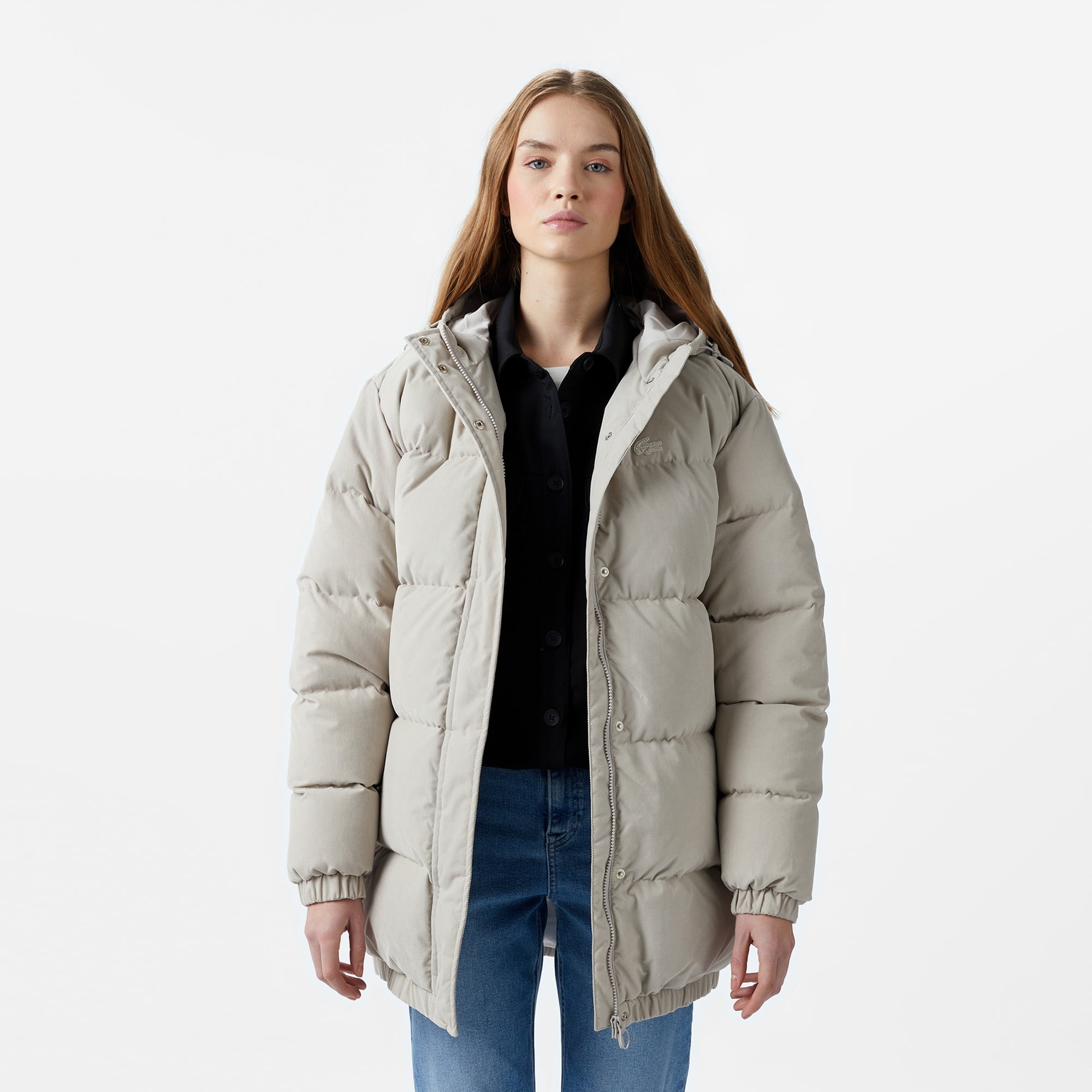 Lacoste Kadın Relaxed Fit Kapüşonlu Gri Şişme Mont