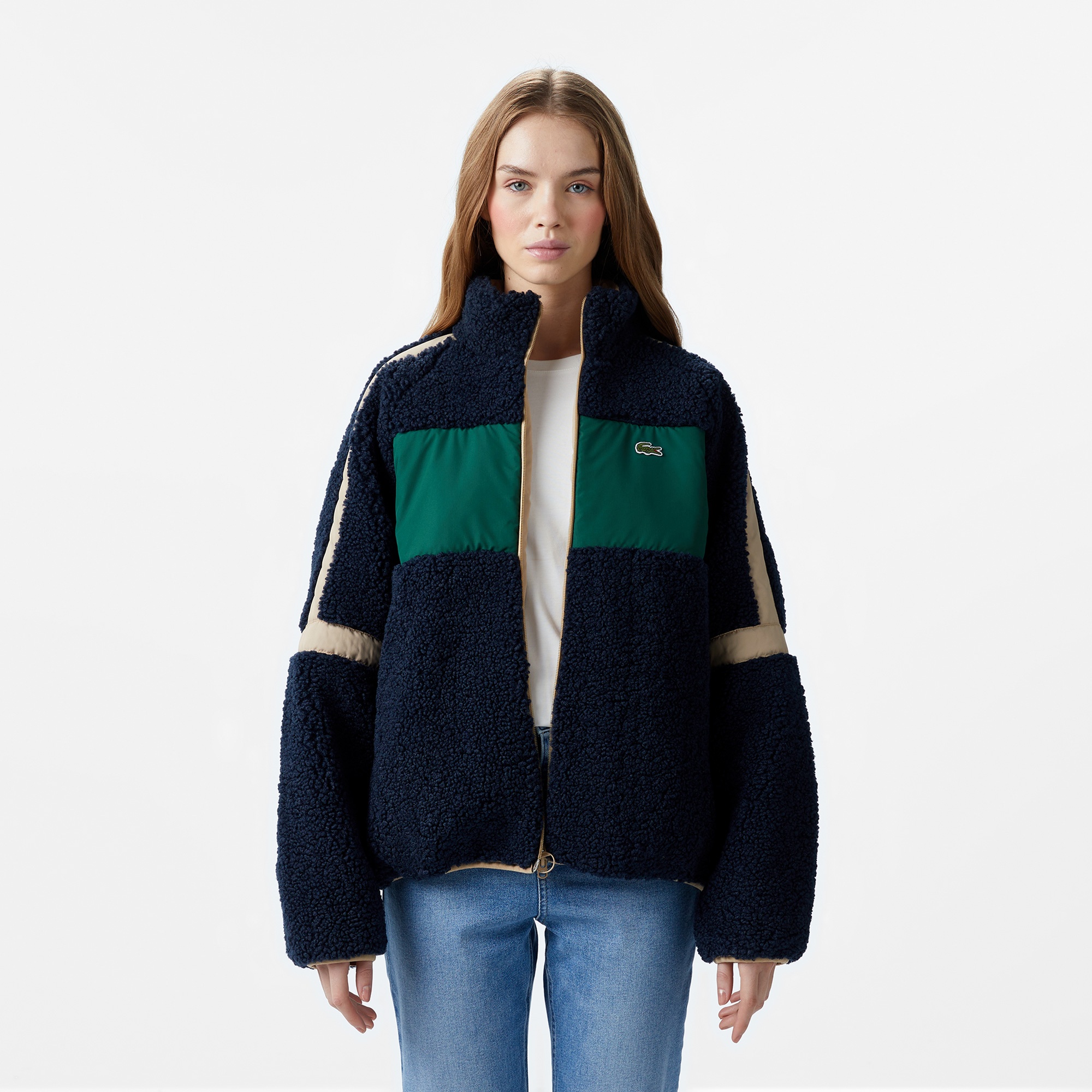 Lacoste Kadın Dik Yaka Renk Bloklu Lacivert Mont