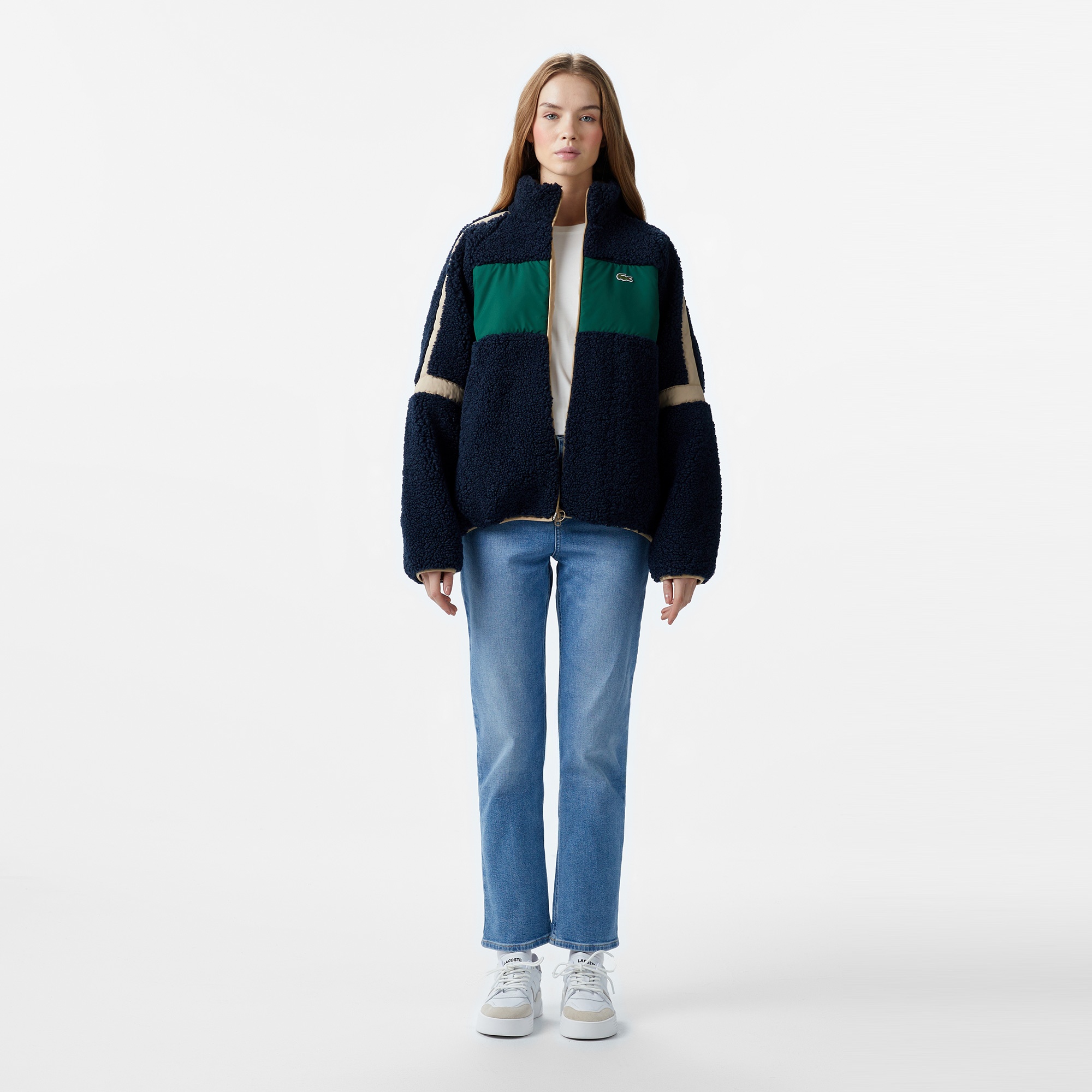 Lacoste Kadın Dik Yaka Renk Bloklu Lacivert Mont