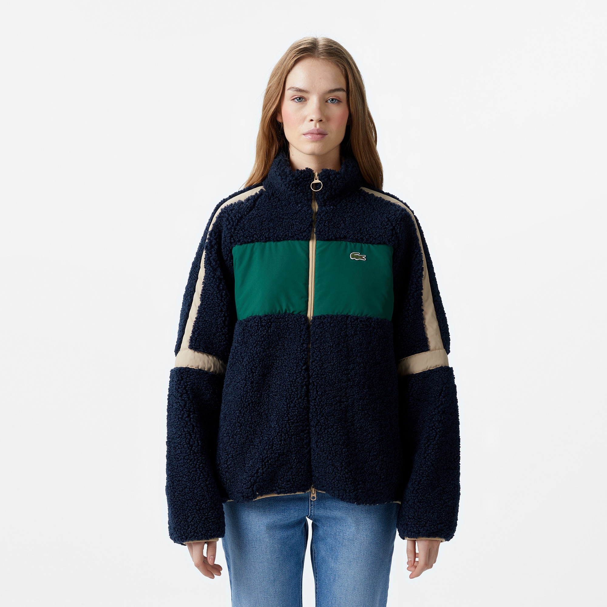 Lacoste Kadın Dik Yaka Renk Bloklu Lacivert Mont