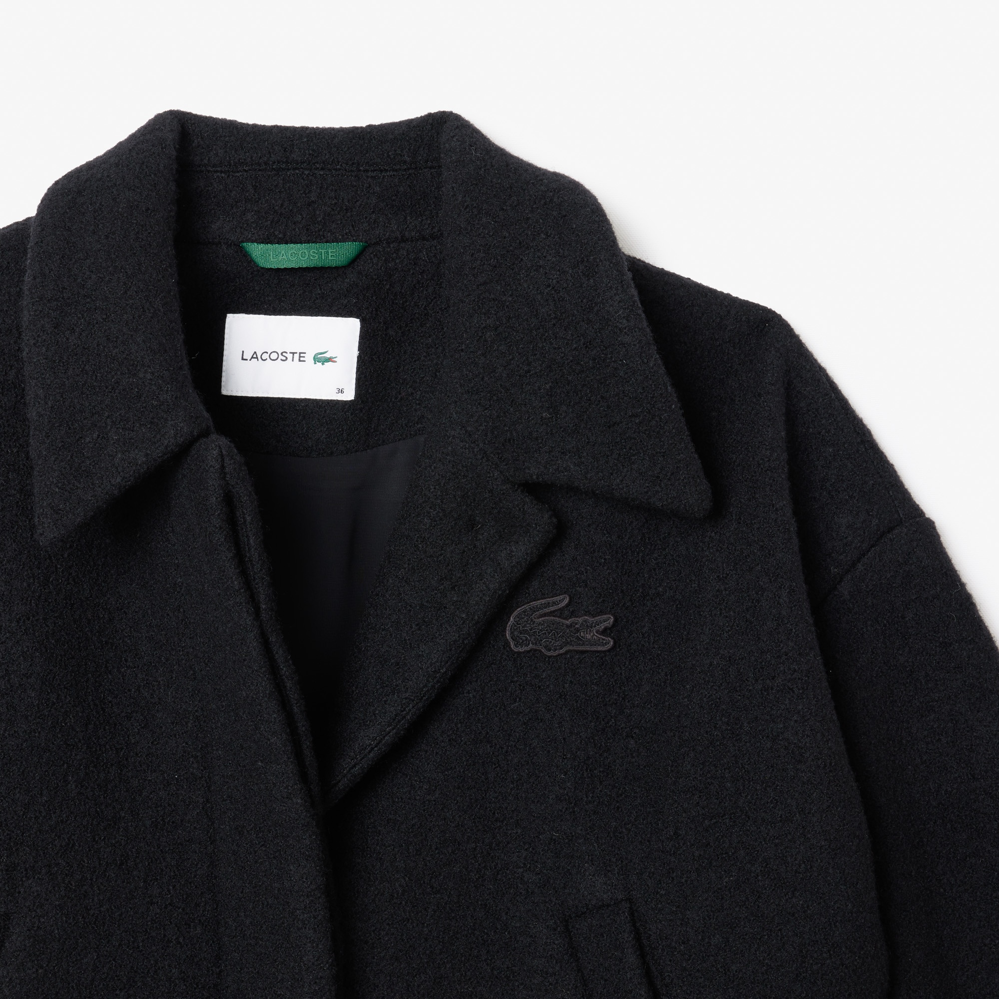 Lacoste Kadın Oversize Fit Gömlek Yaka Yün Siyah Mont