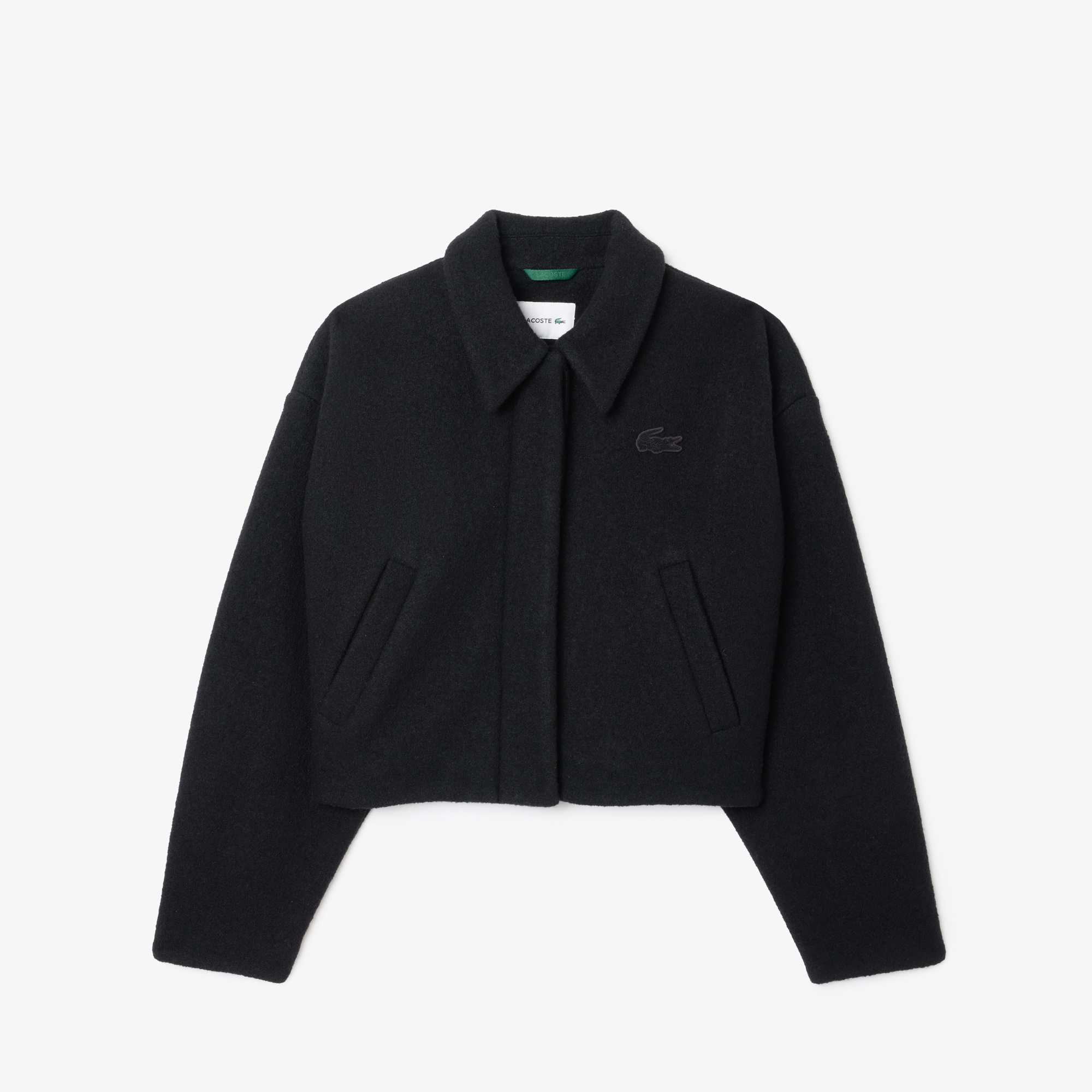 Lacoste Kadın Oversize Fit Gömlek Yaka Yün Siyah Mont