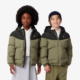 Çocuk Kapüşonlu Renk Bloklu Haki Mont Yeşil