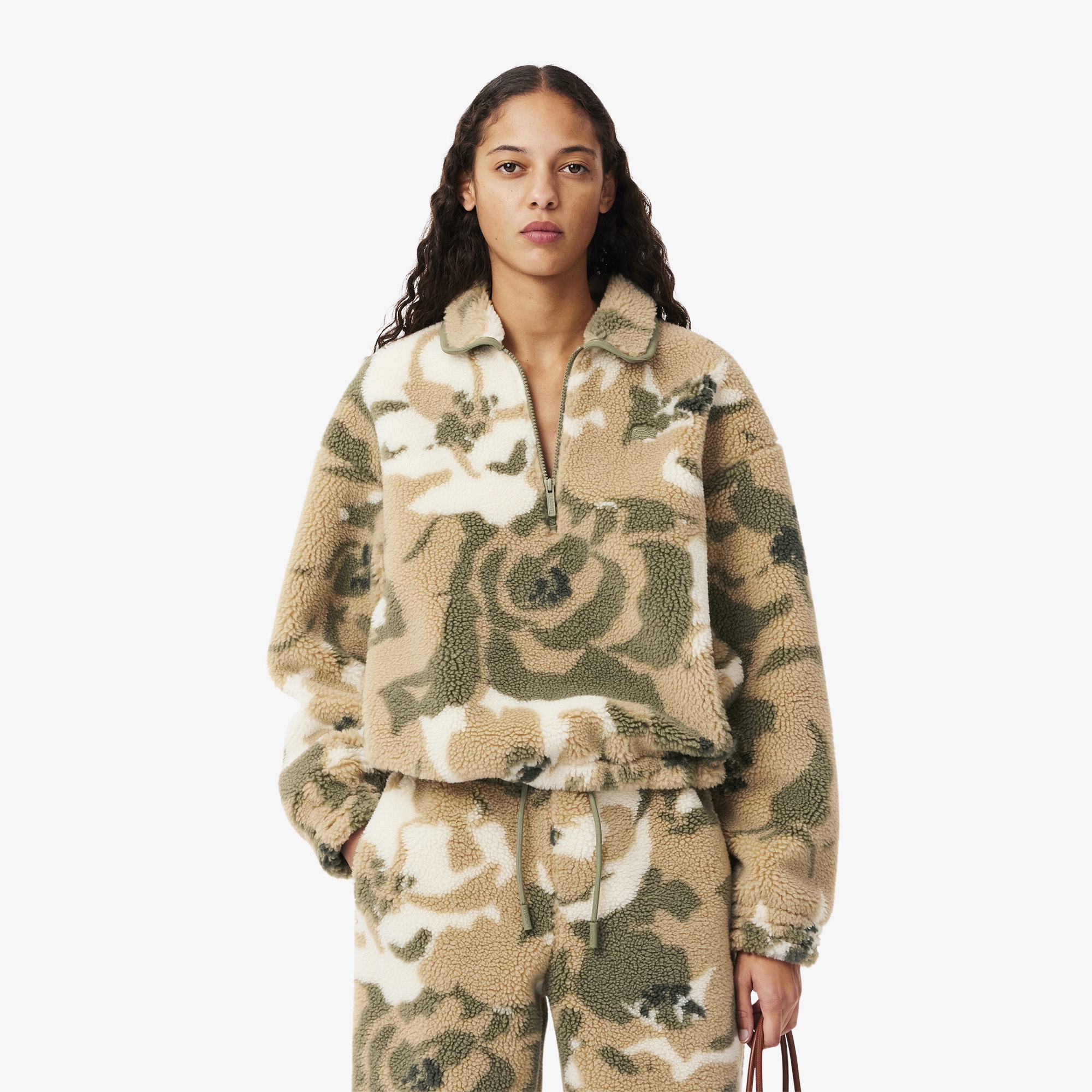 Lacoste Kadın Oversize Fit Yarım Fermuarlı Haki Sweatshirt