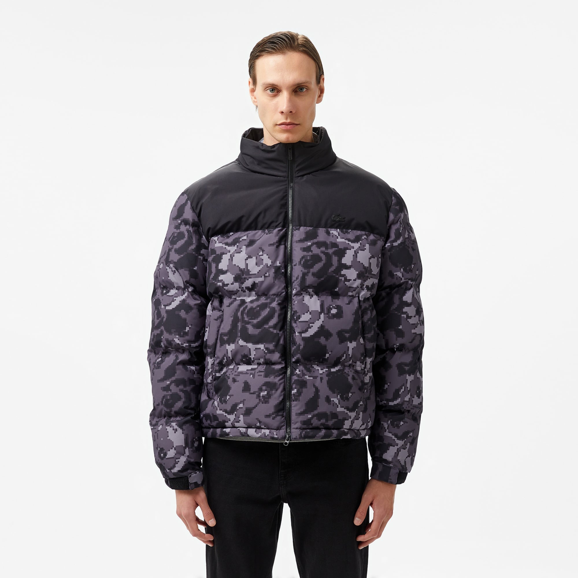 Lacoste Erkek Desenli Siyah Şişme Mont