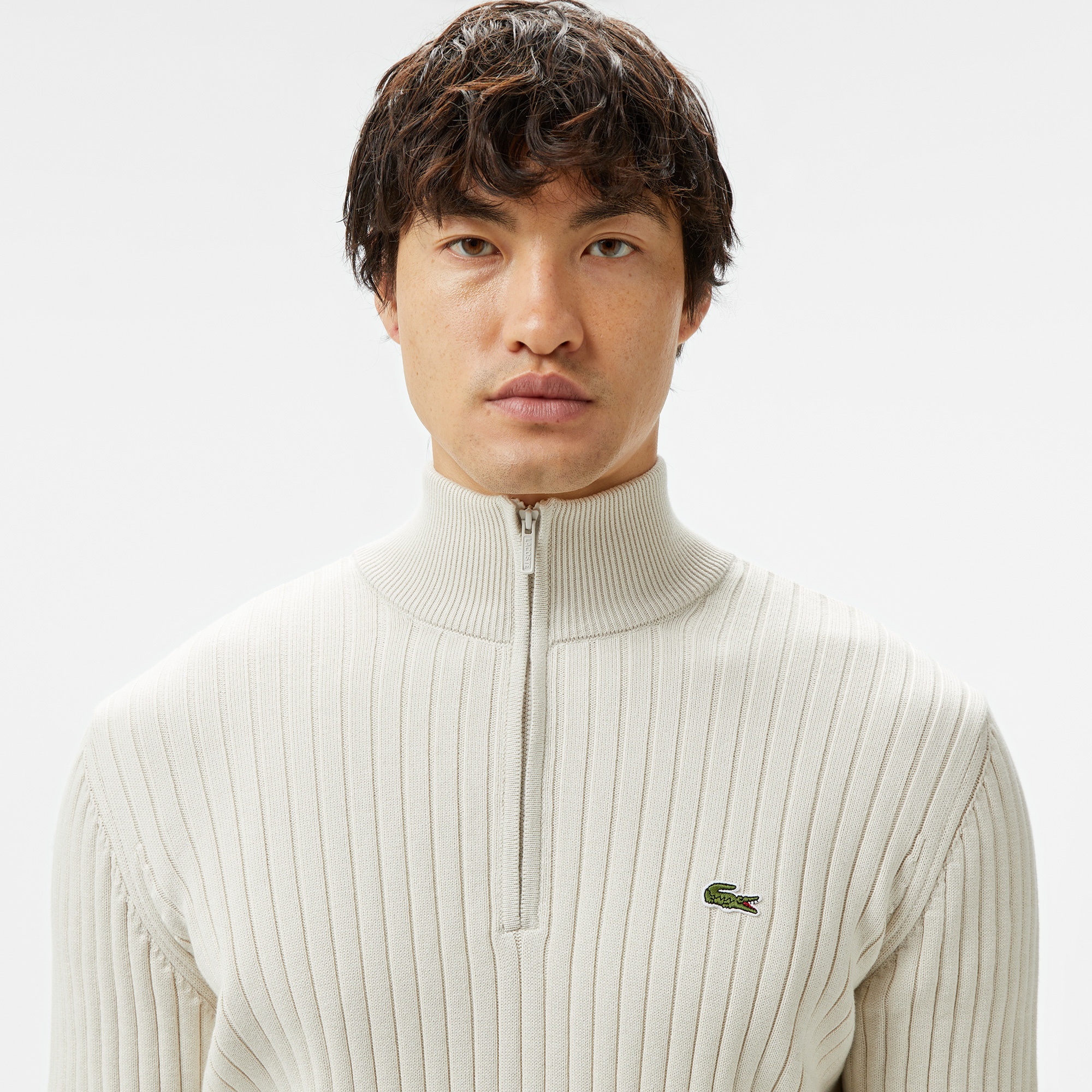 Lacoste Erkek Relaxed Fit Yarım Fermuarlı Çizgili Krem Triko